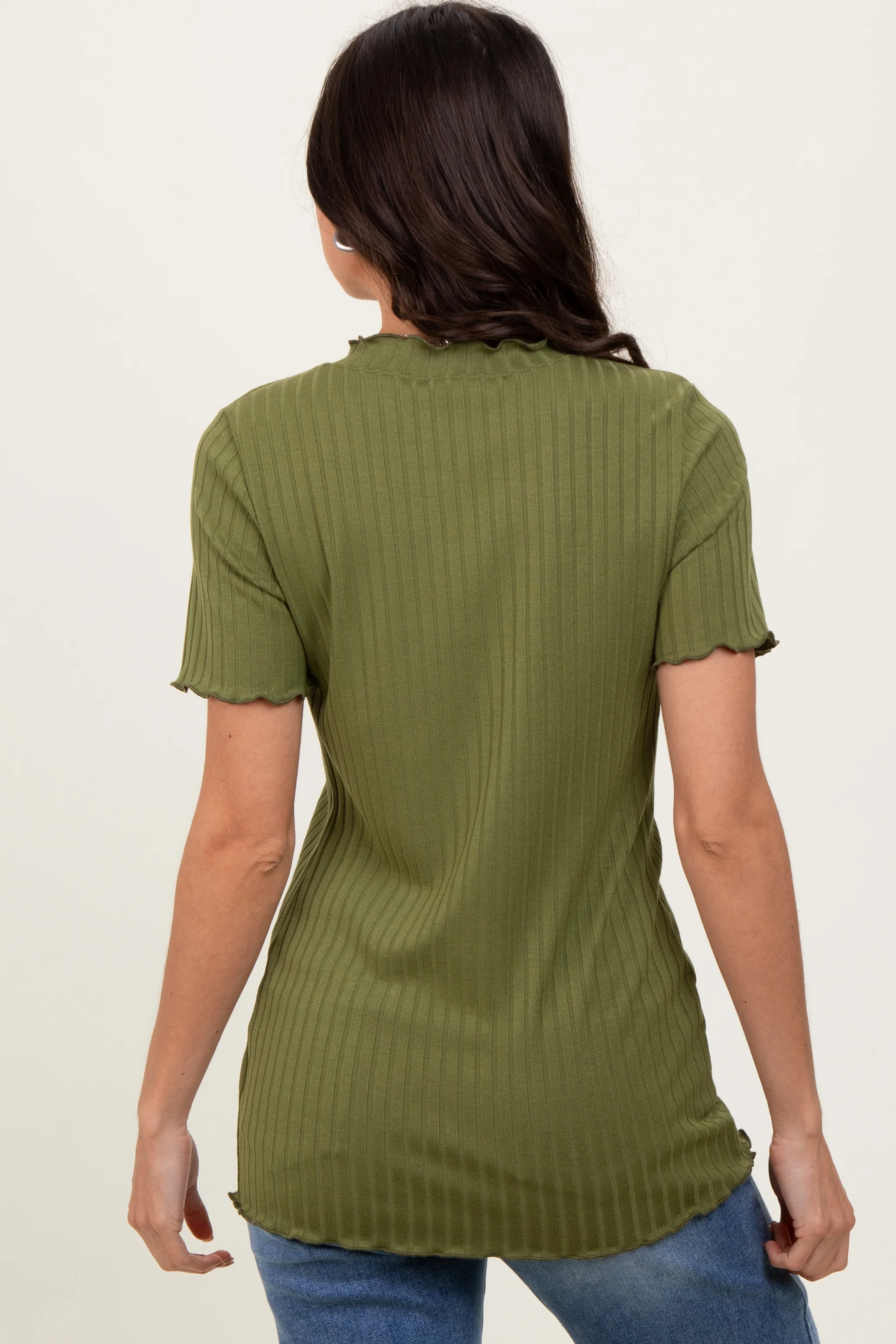 Olive Ribbed Short Sleeve Top - Image 3