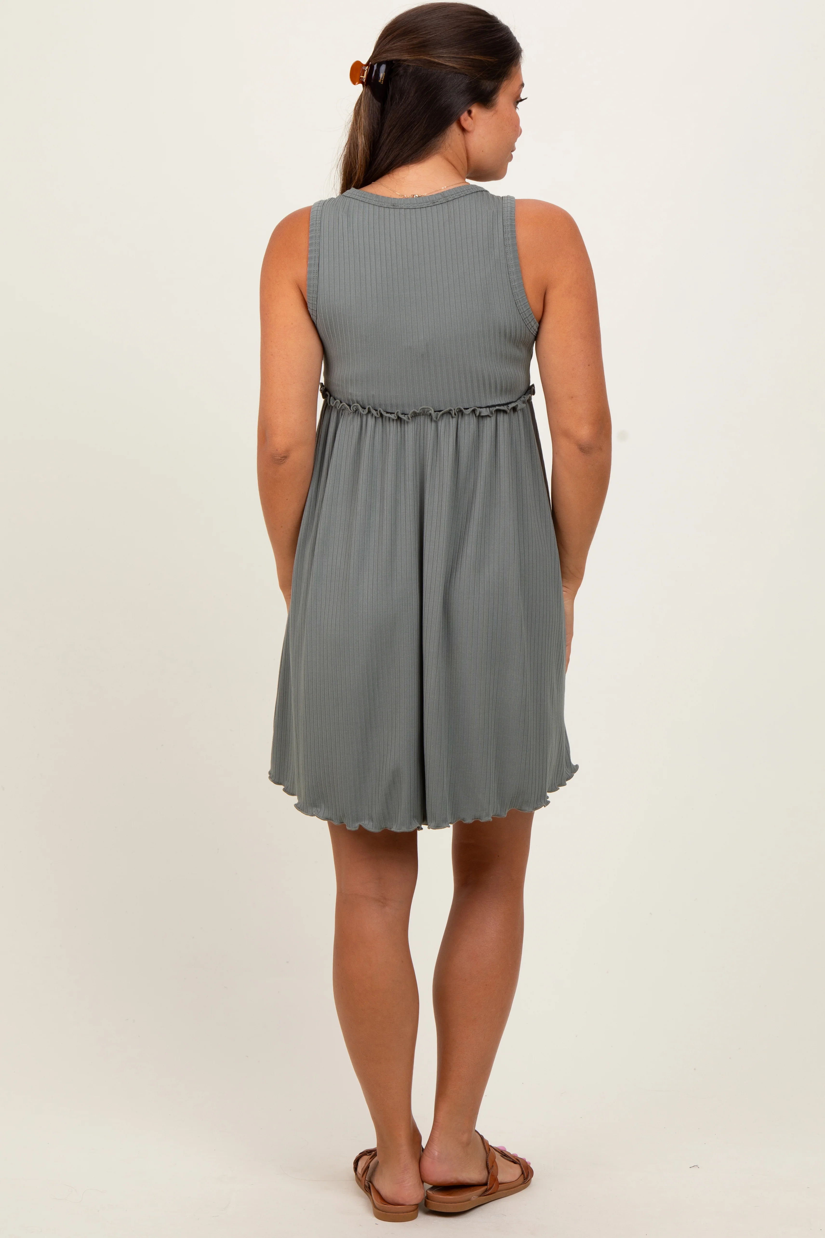Olive Ribbed Sleeveless Lettuce Trim Maternity Mini Dress - Image 4