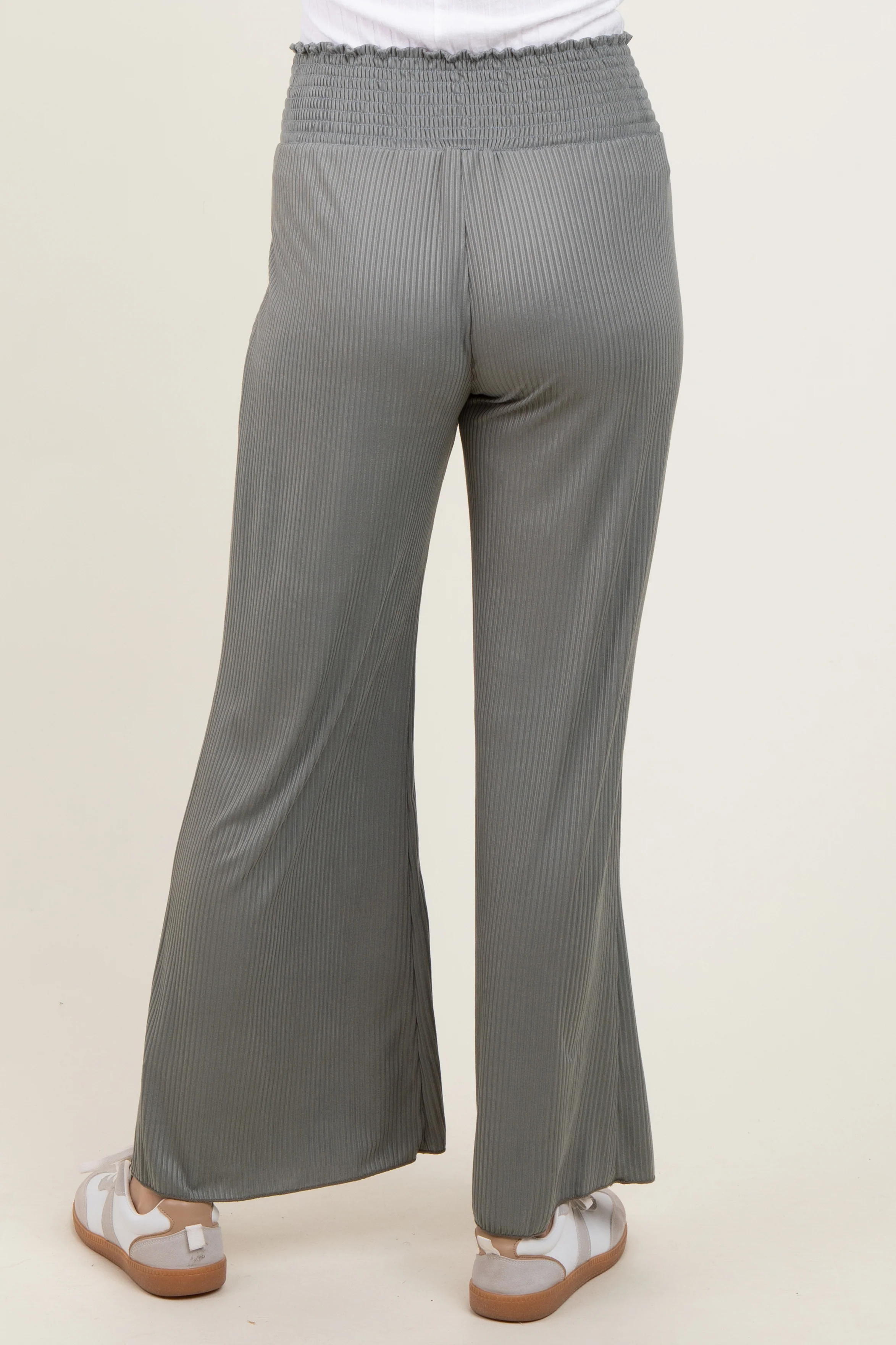 Olive Ribbed Smocked Waistband Wide Leg Pants - Image 5