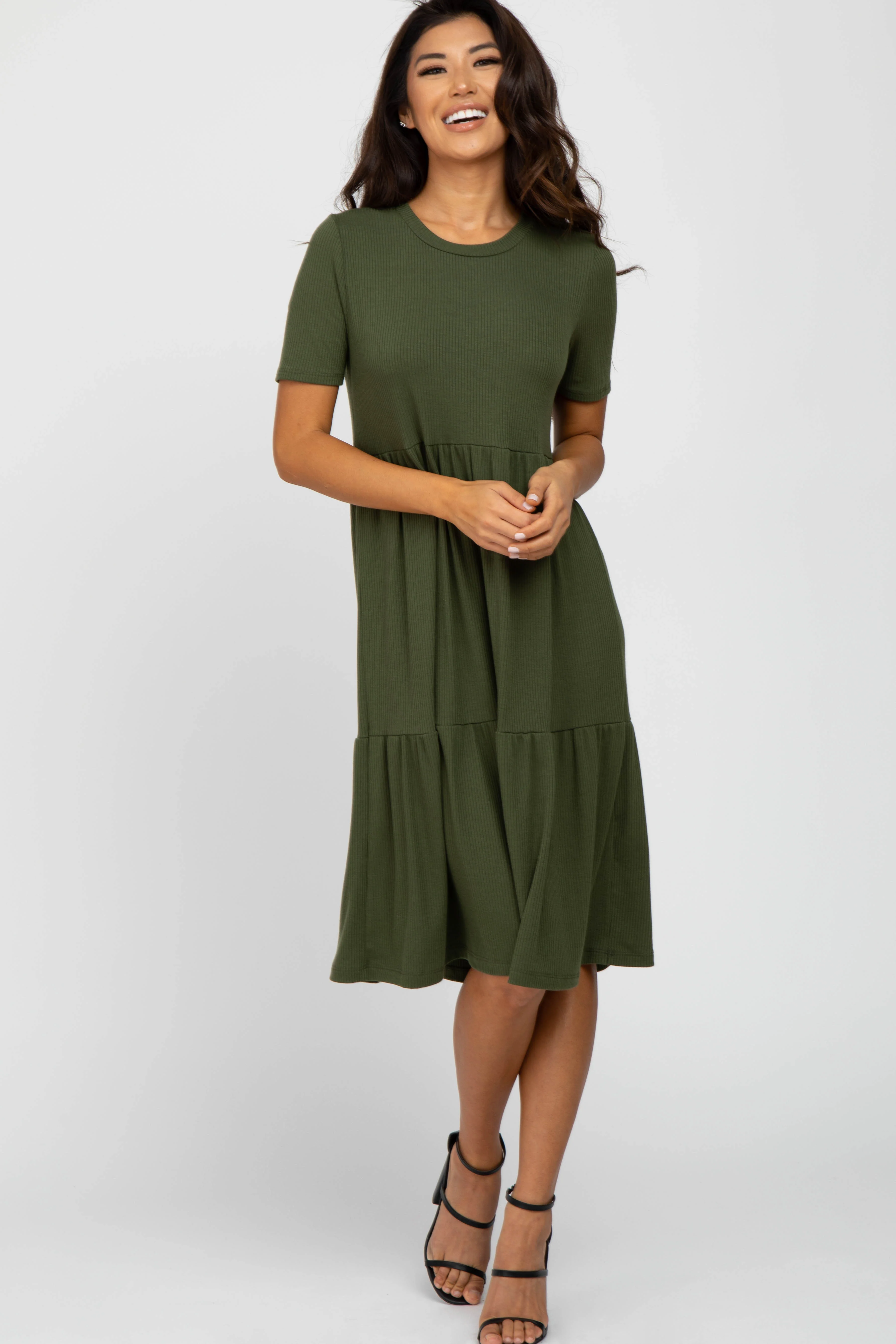 Olive Ribbed Tiered Maternity Dress - Image 3