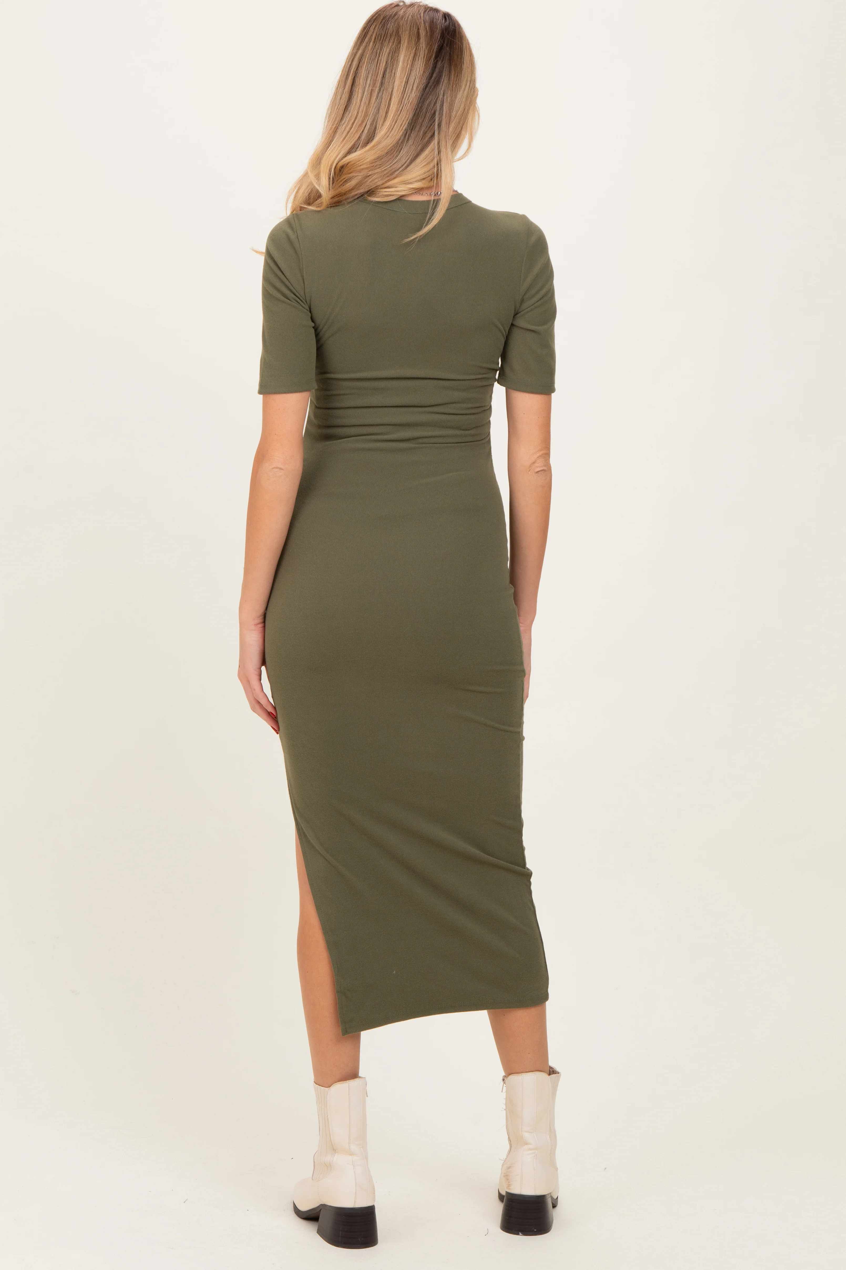 Olive Ruched Side Slit Maternity Midi Dress - Image 3