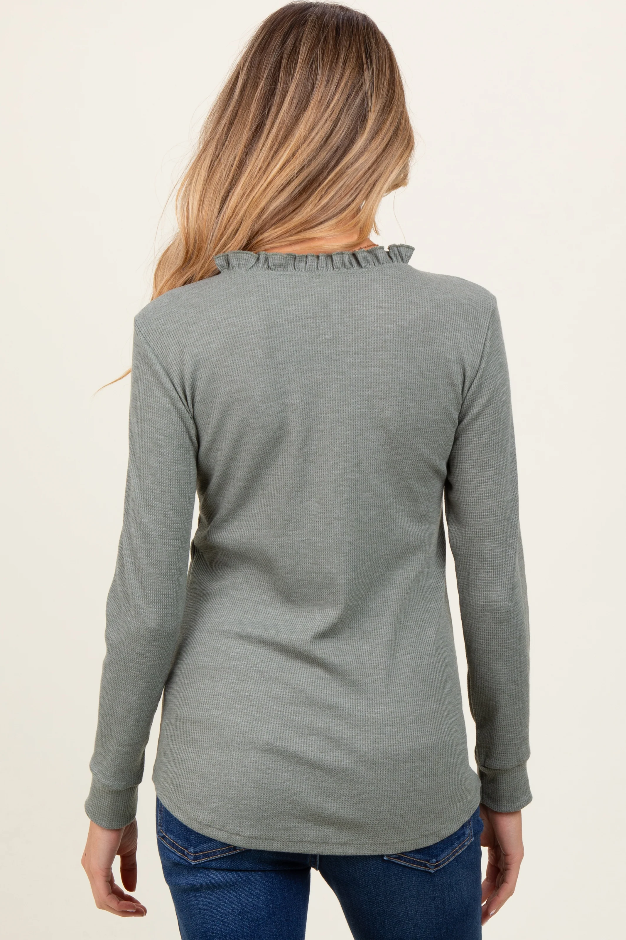Olive Ruffle Collar Micro Waffle Knit Maternity Henley Top - Image 3
