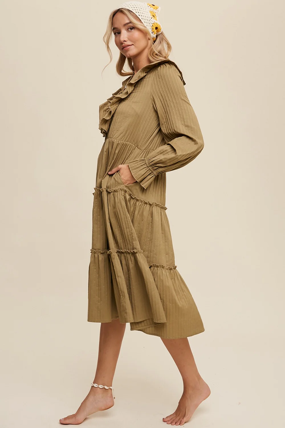 Olive Ruffle Detail Tiered Long Sleeve Midi Dress - Image 2