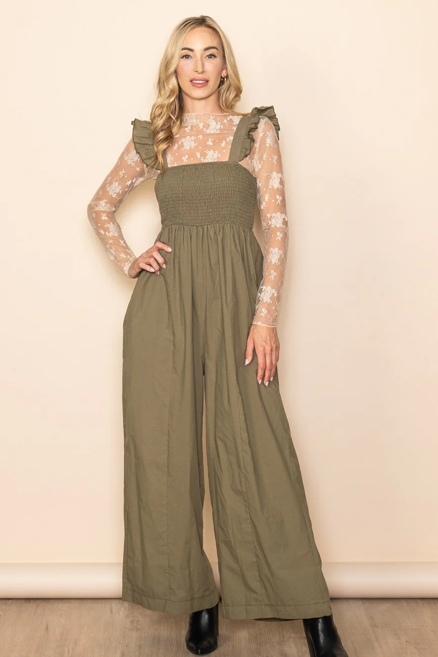 Olive Ruffle Strap Smocked Wide Leg Jumpsuit - Image 3