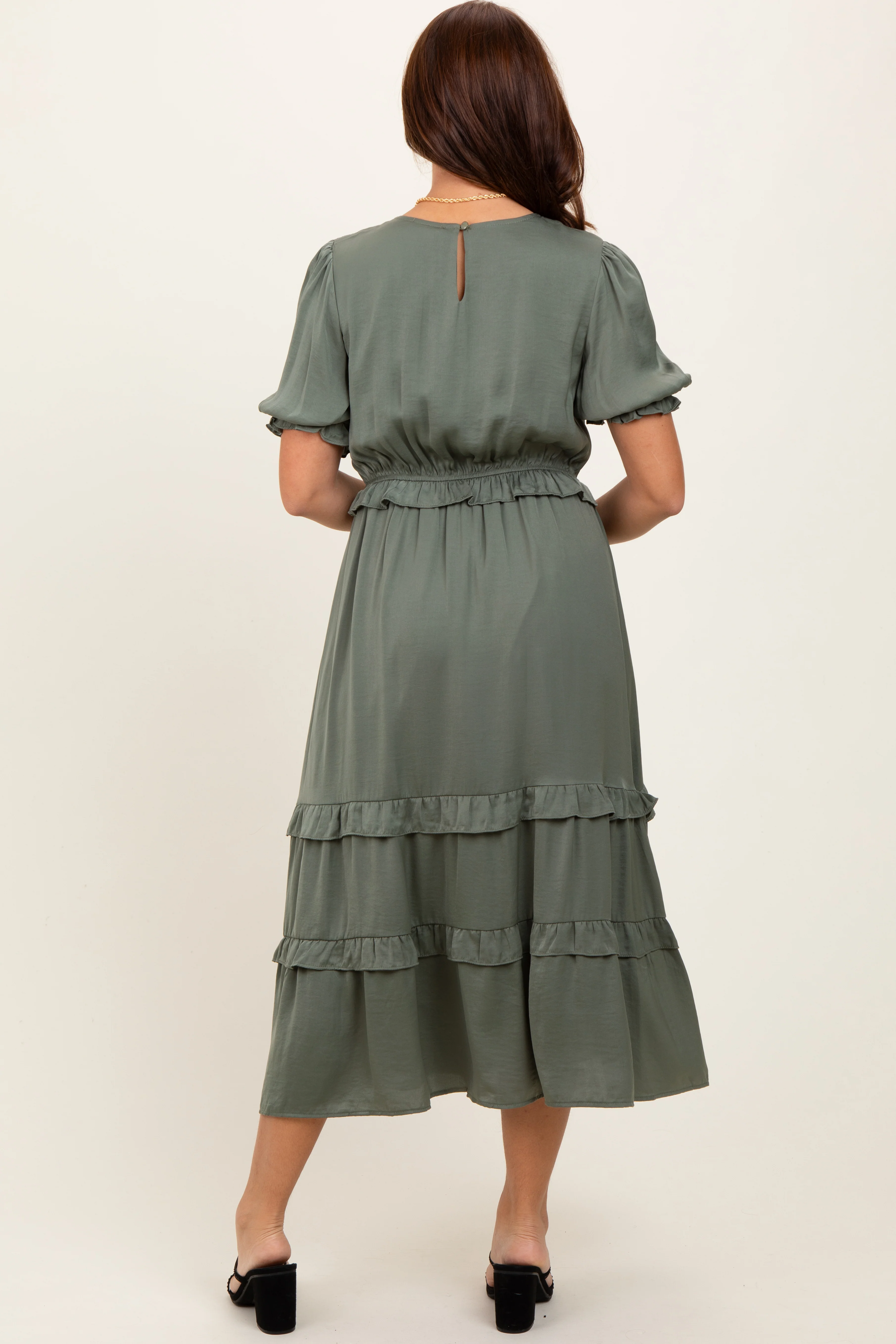 Olive Satin Ruffle Trim Midi Dress - Image 3