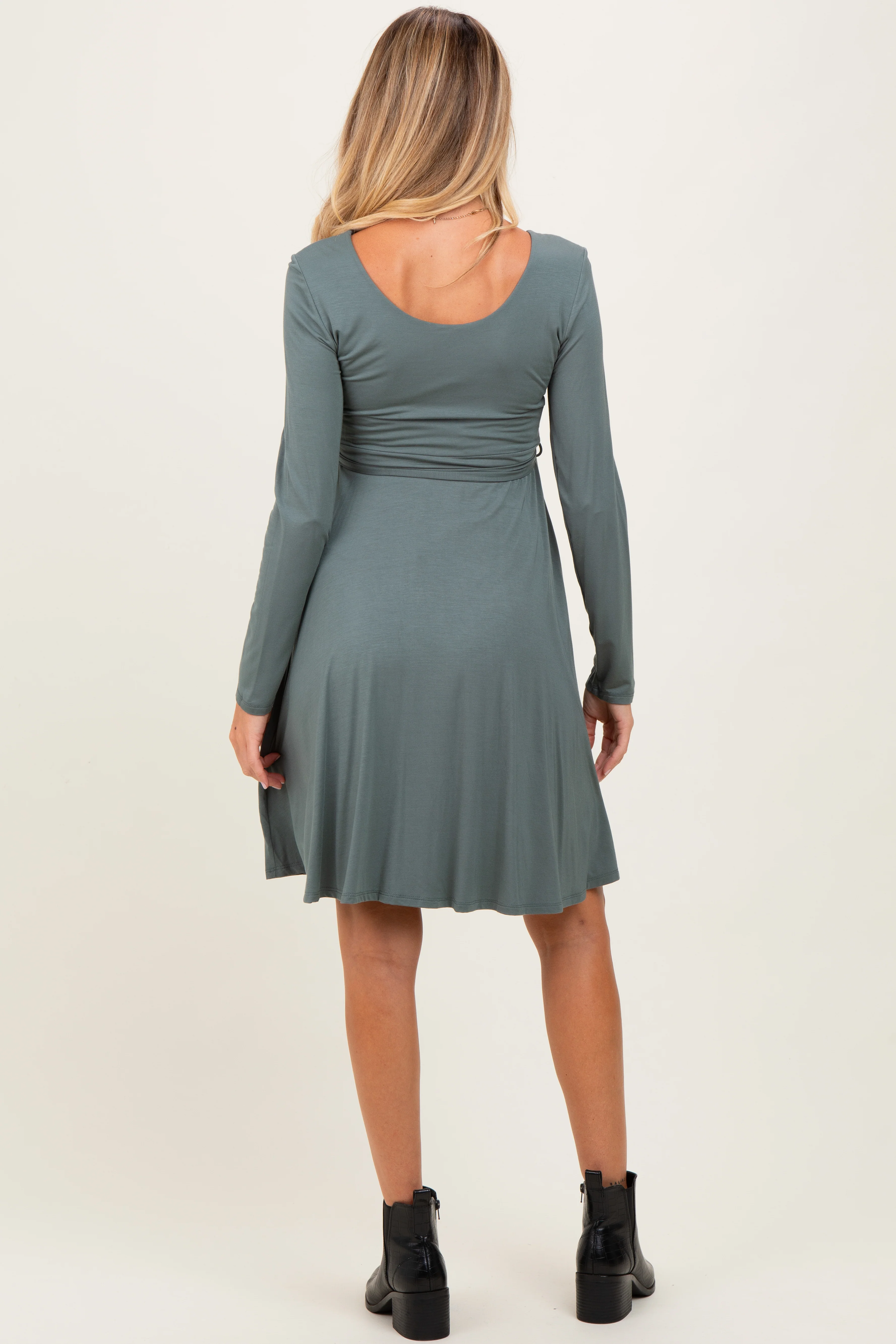 Olive Scoop Neck Long Sleeve Waist Tie Maternity Dress - Image 4