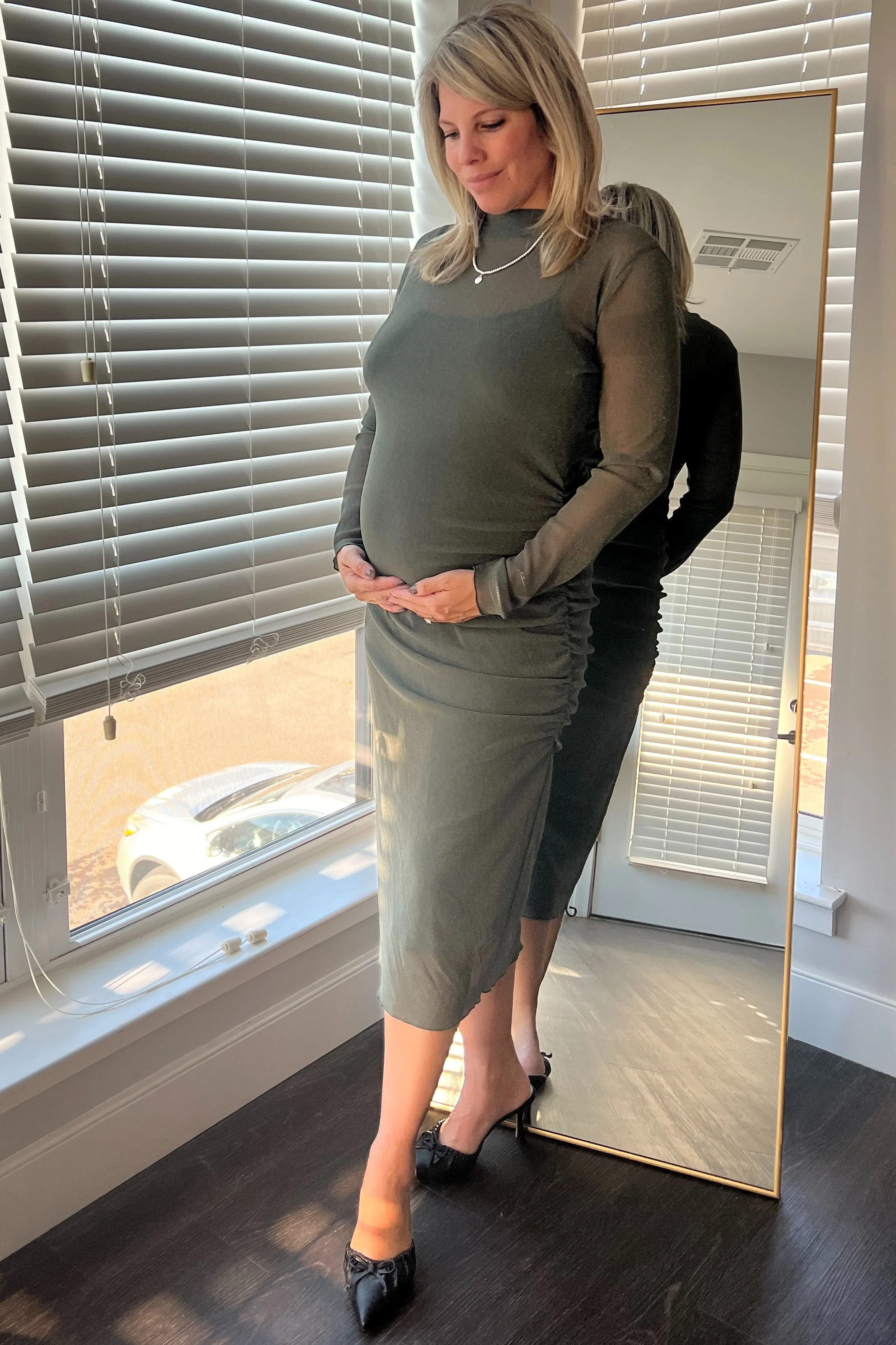 Olive Shimmer Mesh Long Sleeve Ruched Maternity Midi Dress - Image 5