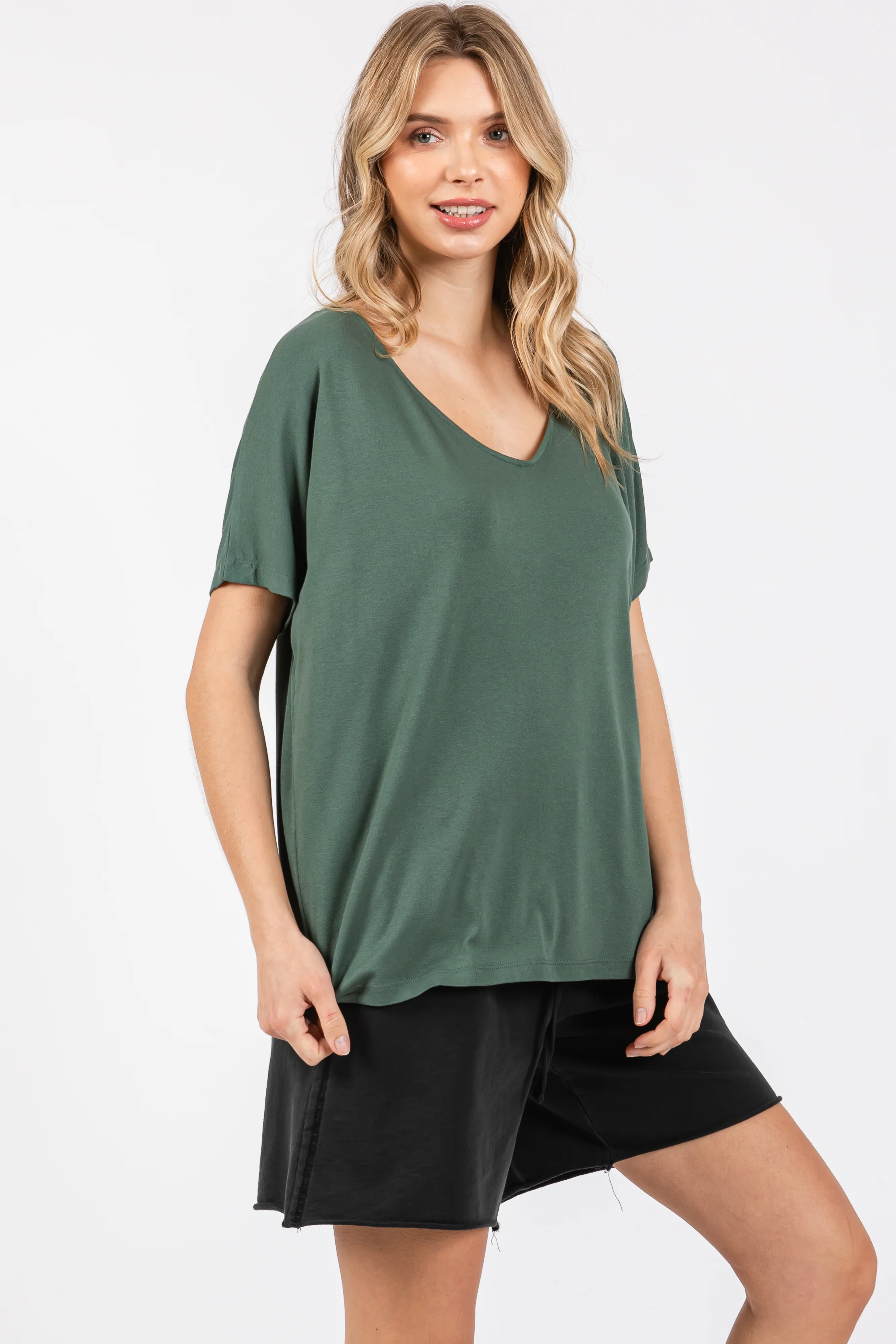 Olive Short Dolman Sleeve V-Neck Top - Image 2