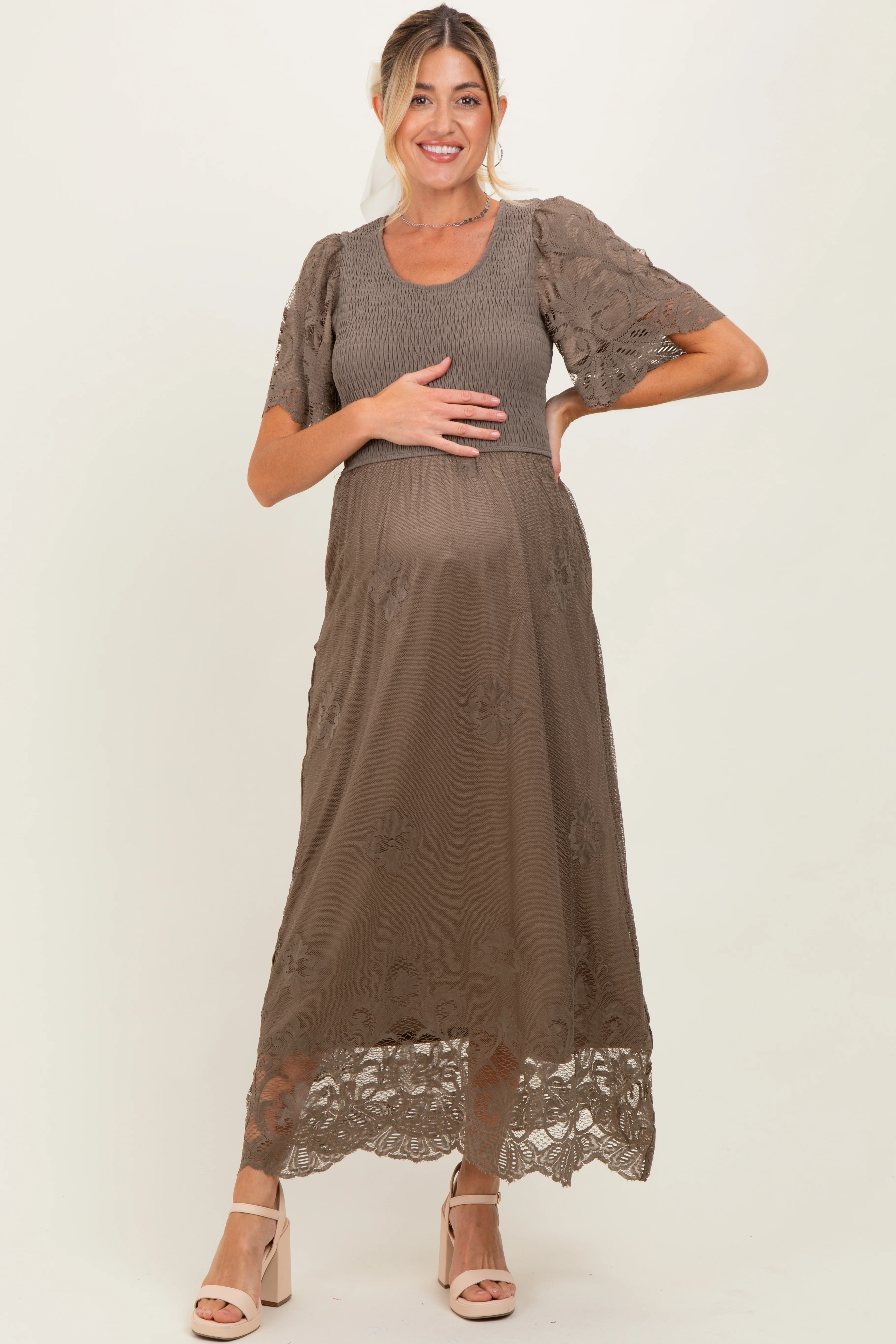 Olive Smocked Lace Detail Maternity Midi Dress - Image 2