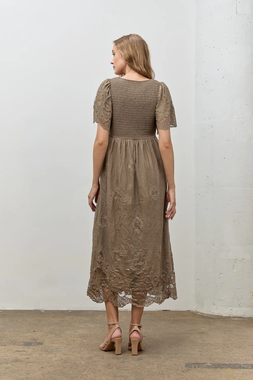 Olive Smocked Lace Detail Midi Dress - Image 3