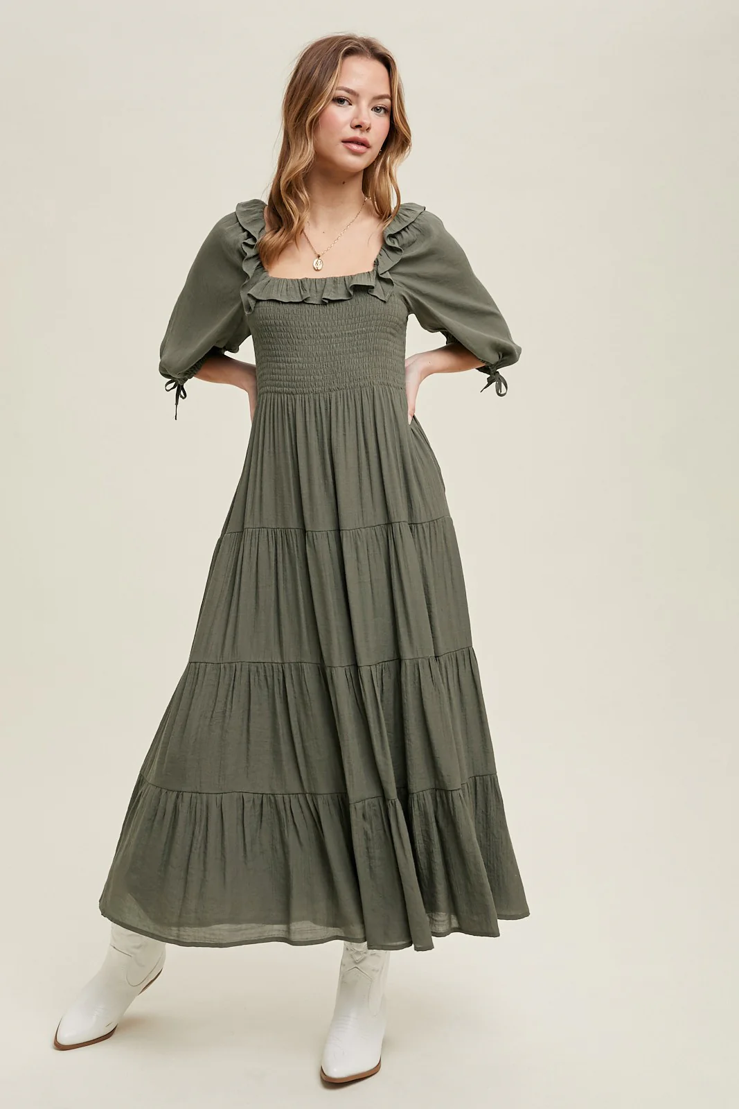 Olive Smocked Ruffle Detail Tiered Maternity Midi Dress - Image 4
