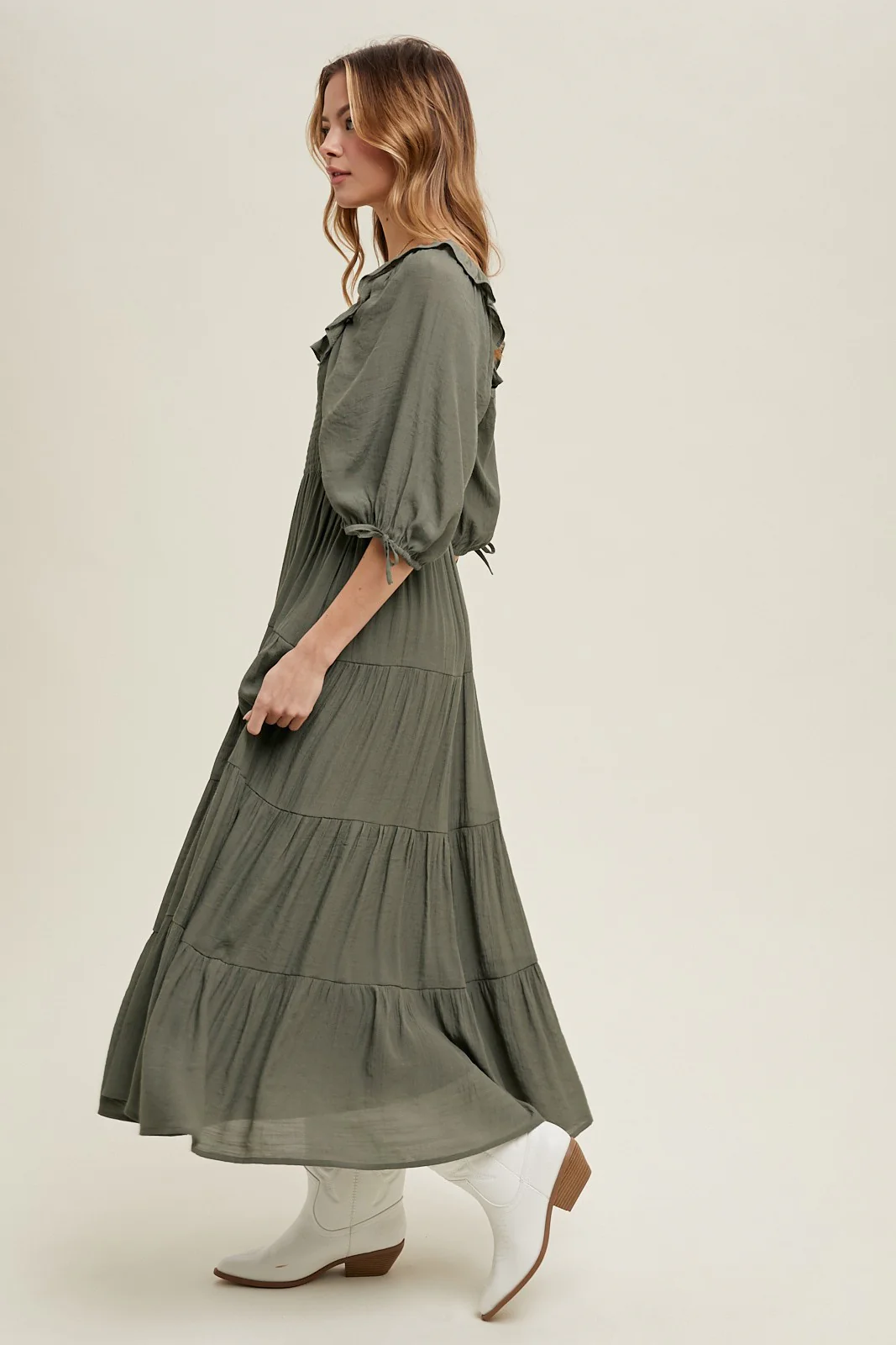 Olive Smocked Ruffle Detail Tiered Midi Dress - Image 3