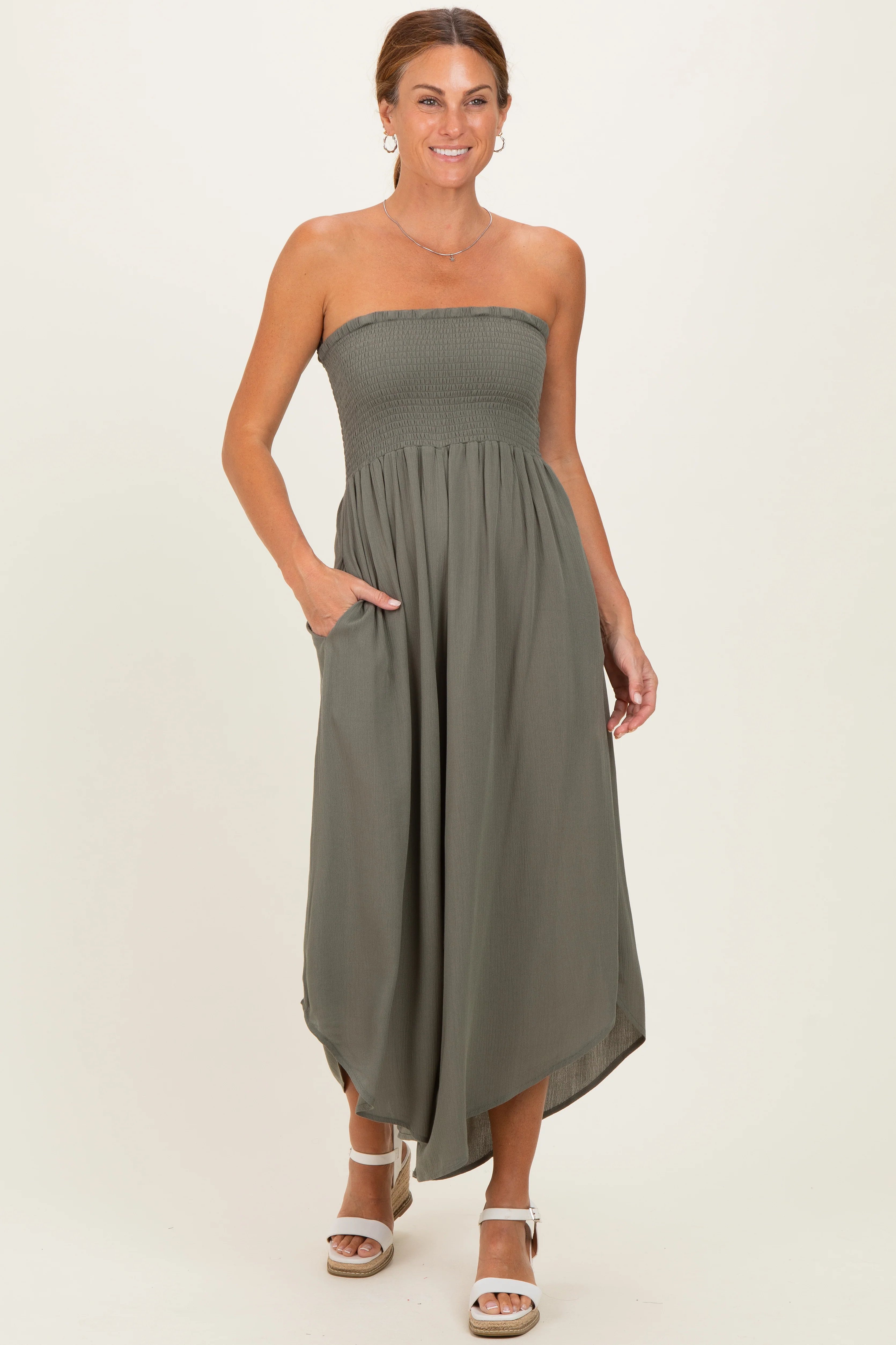 Olive Smocked Strapless Tulip Leg Maternity Jumpsuit - Image 5