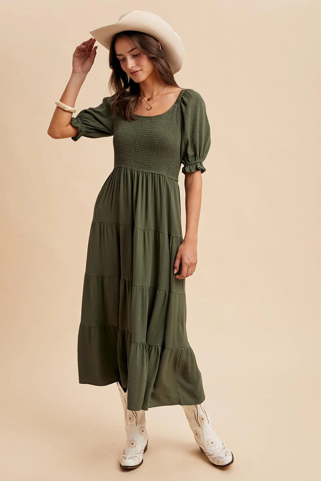 Olive Smocked Tiered Maternity Maxi Dress - Image 5