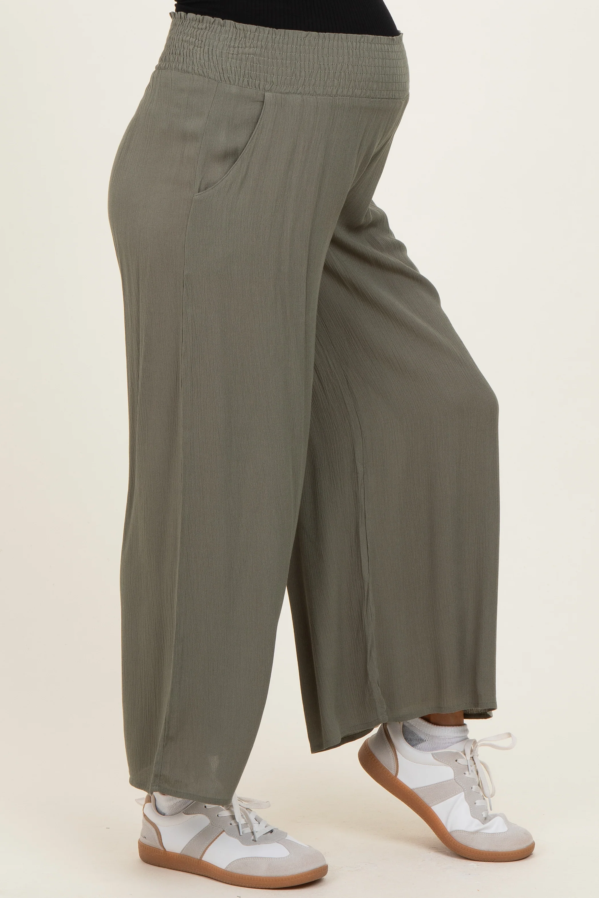 Olive Smocked Waist Ankle Wide Leg Maternity Pants - Image 3