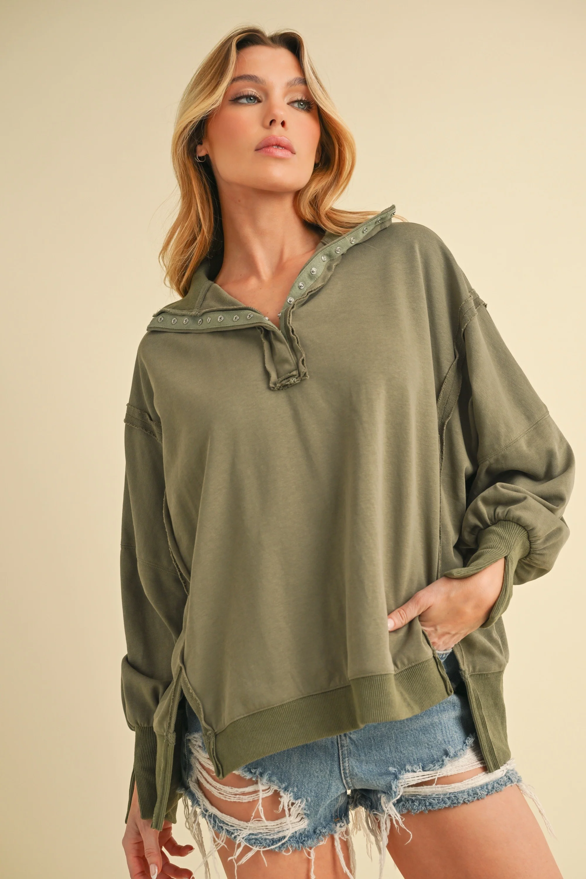 Olive Snap Button Pullover Henley Maternity Sweatshirt - Image 5