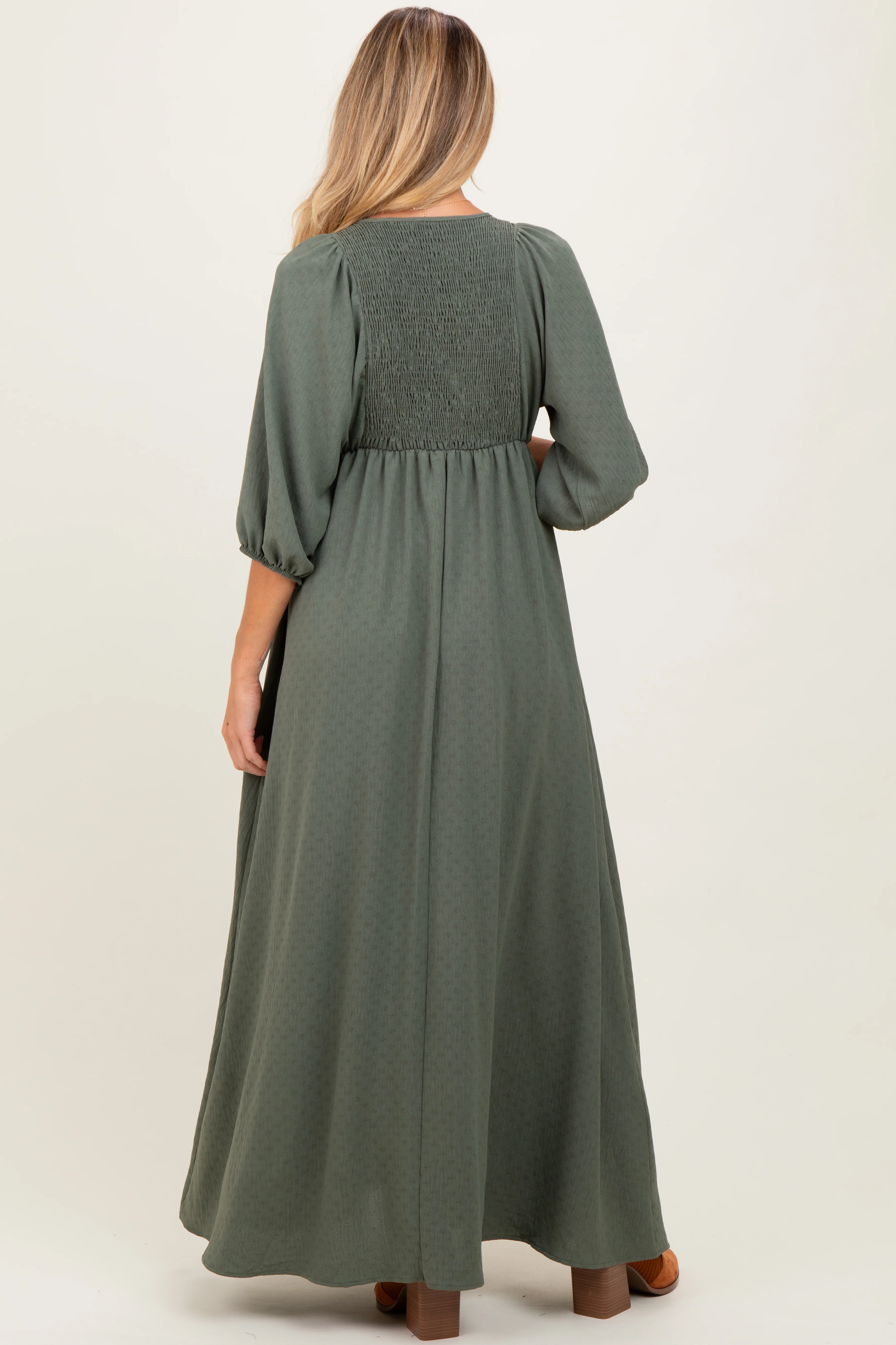 Olive Solid 3/4 Sleeve Smocked Top V-Neck Maternity Maxi Dress - Image 3