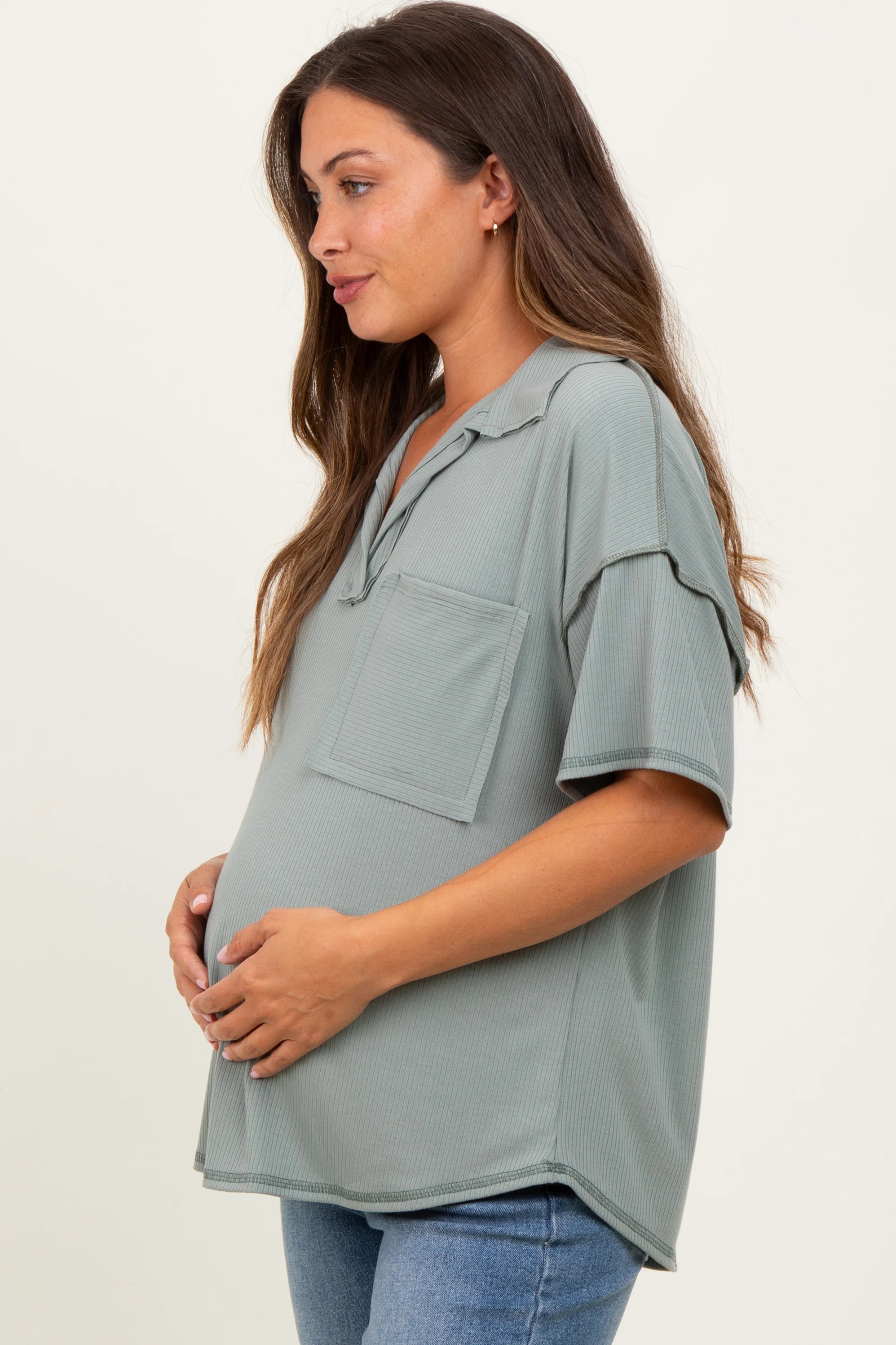 Olive Solid Ribbed Collar V-Neck Maternity Tunic Top - Image 3