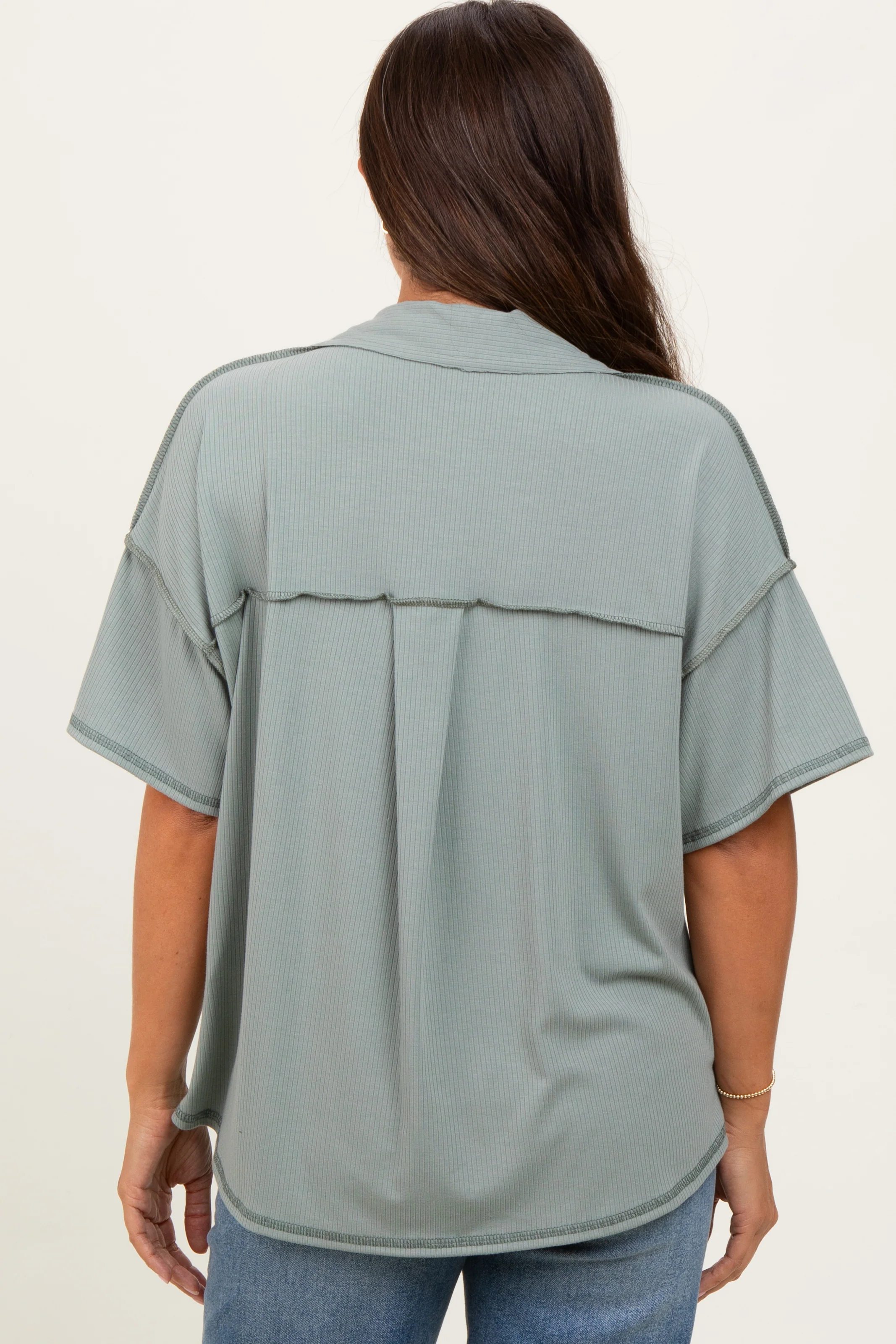 Olive Solid Ribbed Collar V-Neck Maternity Tunic Top - Image 4