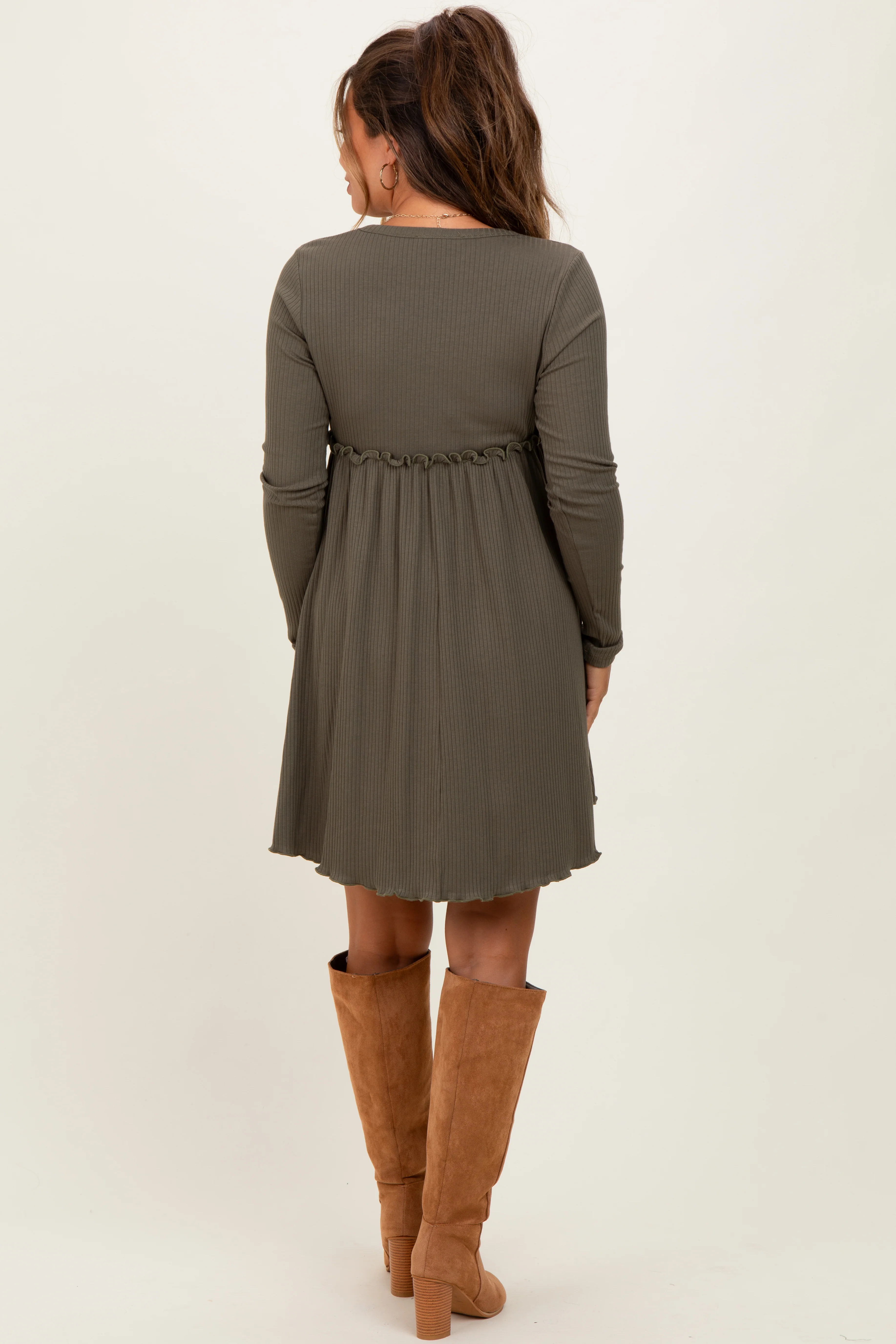 Olive Solid Ribbed Long Sleeve Crewneck Shirring Maternity Mini Dress - Image 4