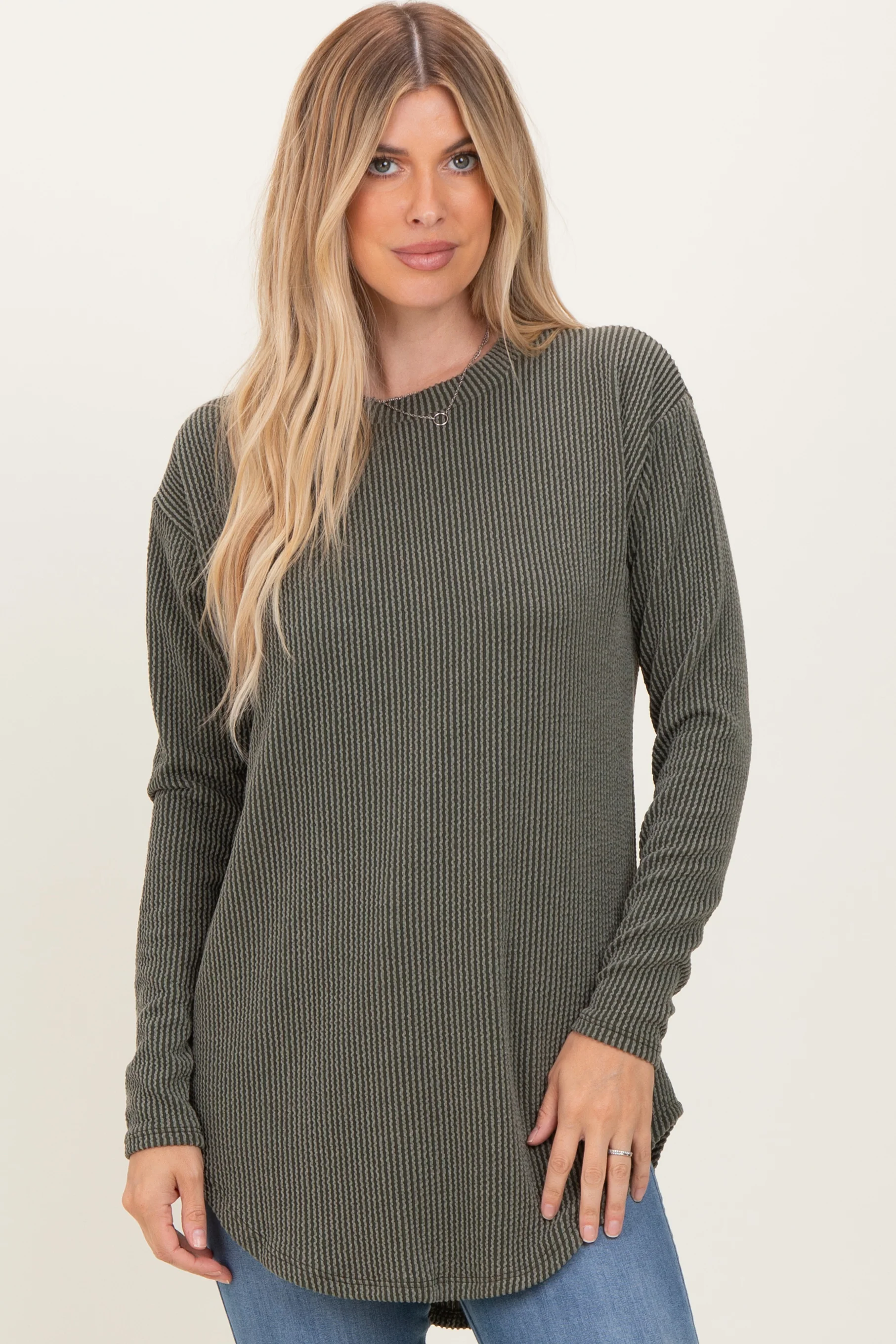 Olive Solid Ribbed Long Sleeve Maternity Tunic Top - Image 4
