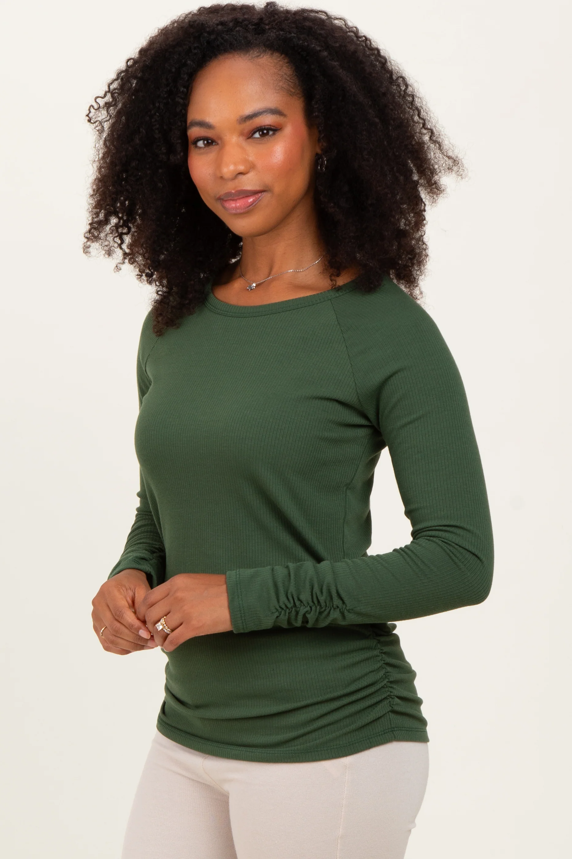 Olive Solid Ribbed Ruched Long Sleeve Top - Image 3