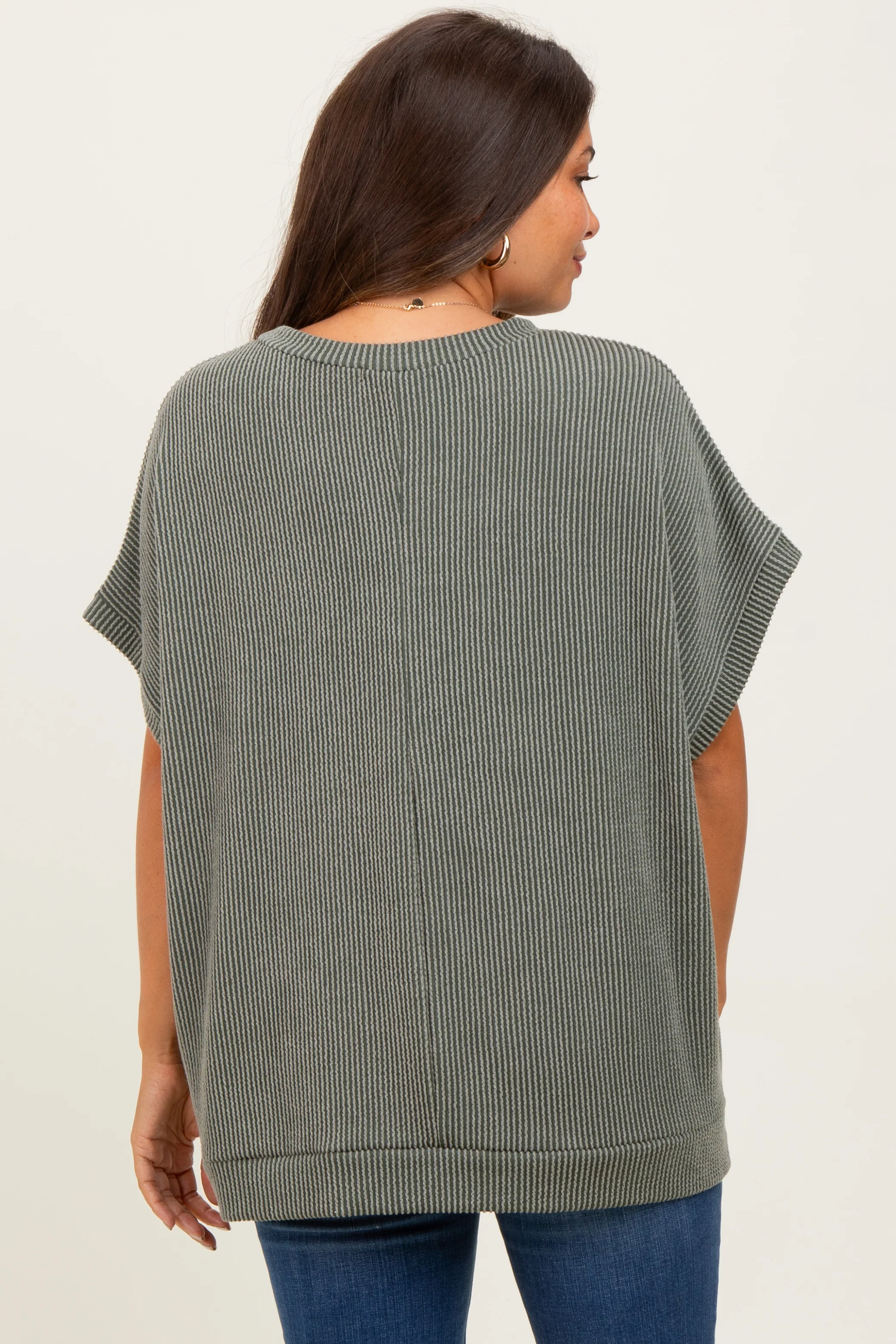 Olive Solid Ribbed Short Sleeve Oversized Maternity Tunic Top - Image 3