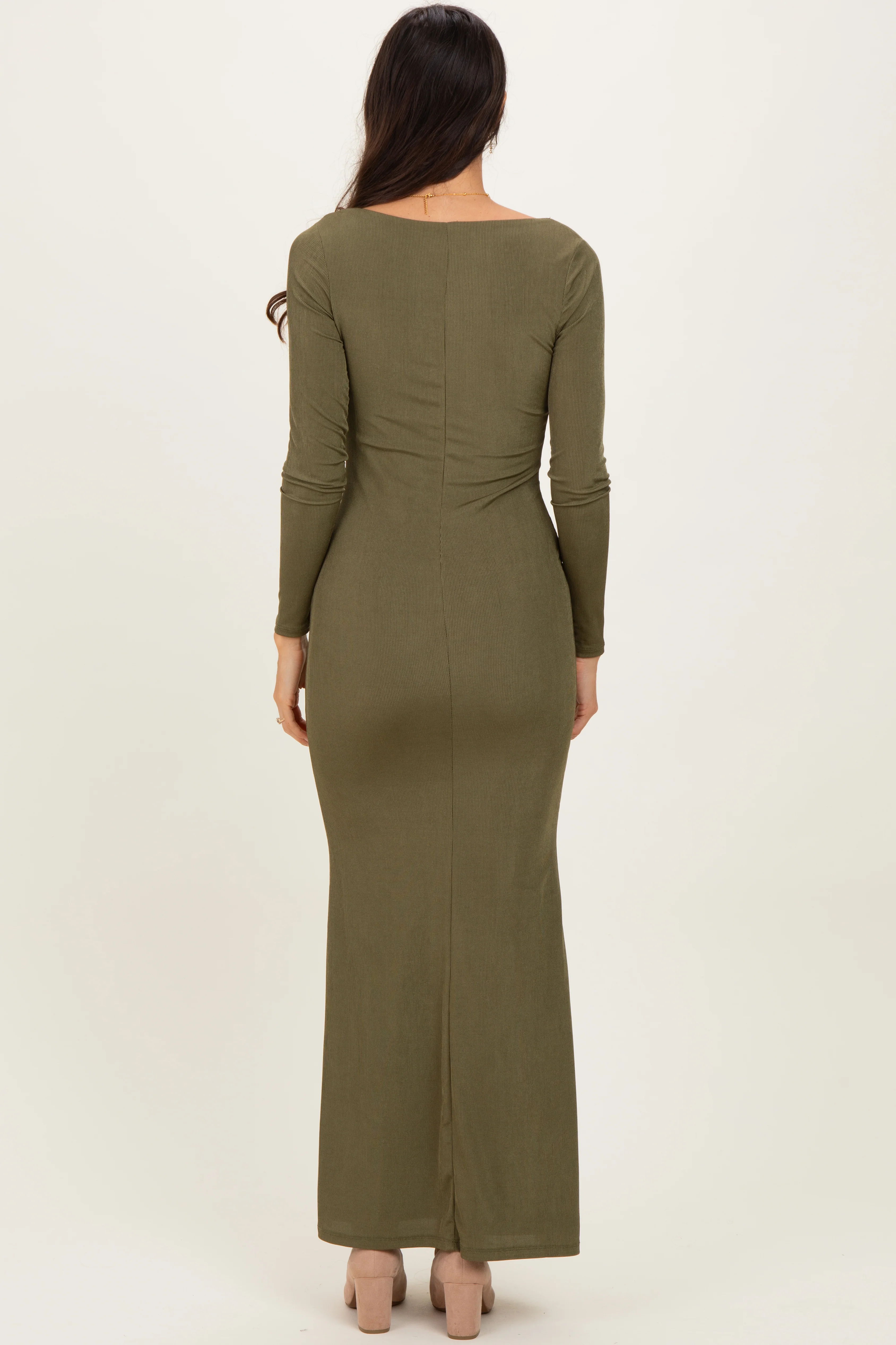 Olive Square Neck Long Sleeve Maxi Dress - Image 4