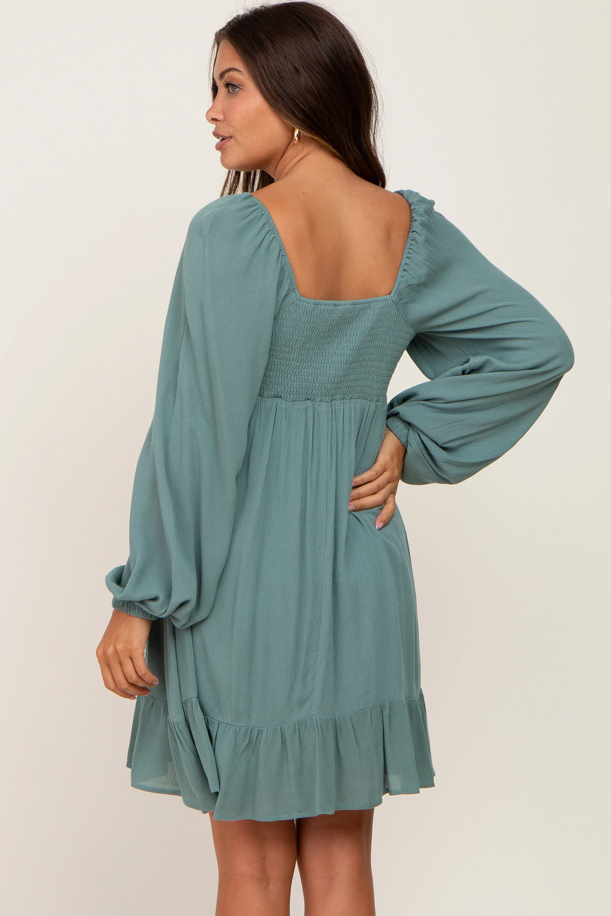 Olive Square Neck Puff Long Sleeve Maternity Dress - Image 4