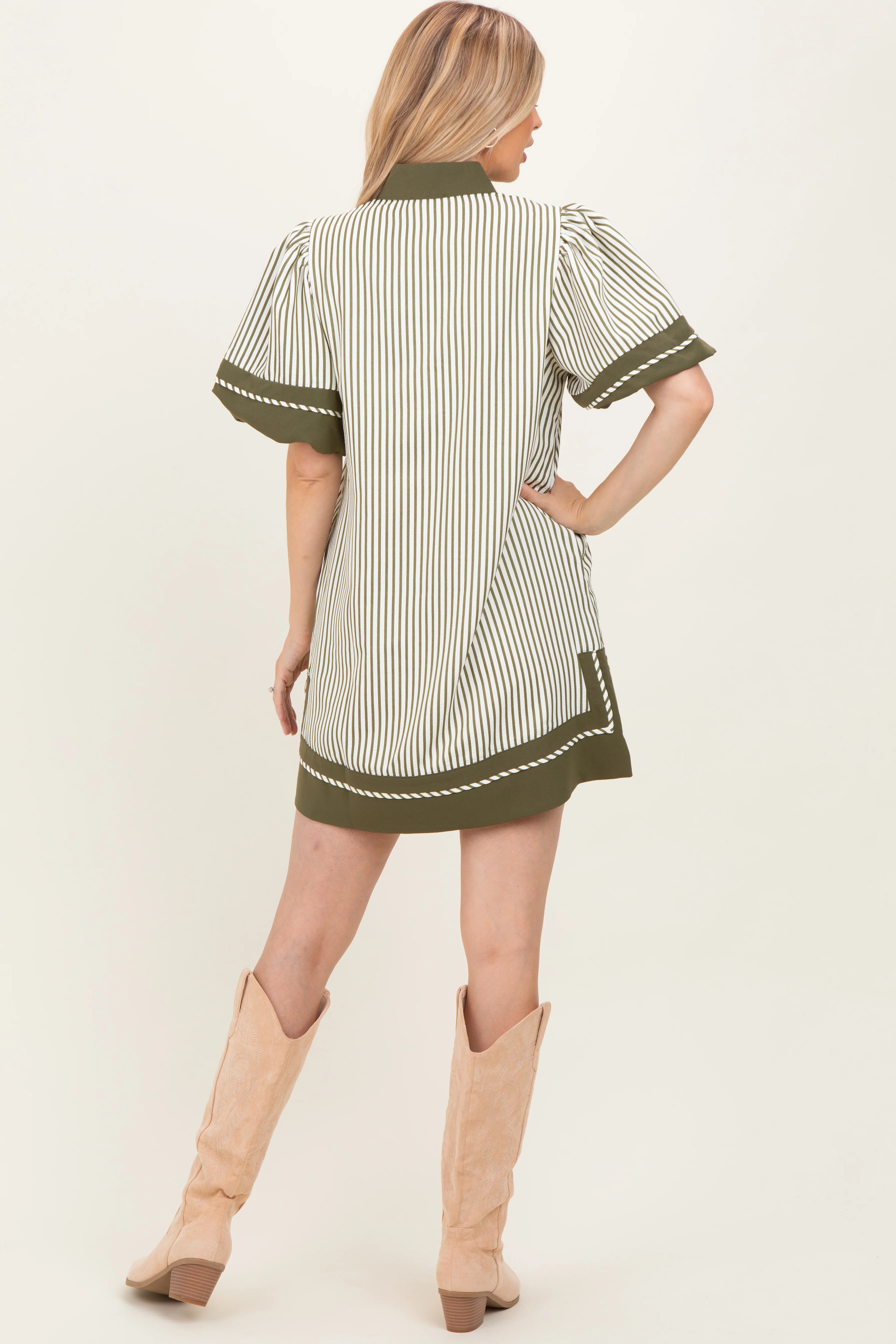 Olive Striped Contrast Border Mini Dress - Image 4