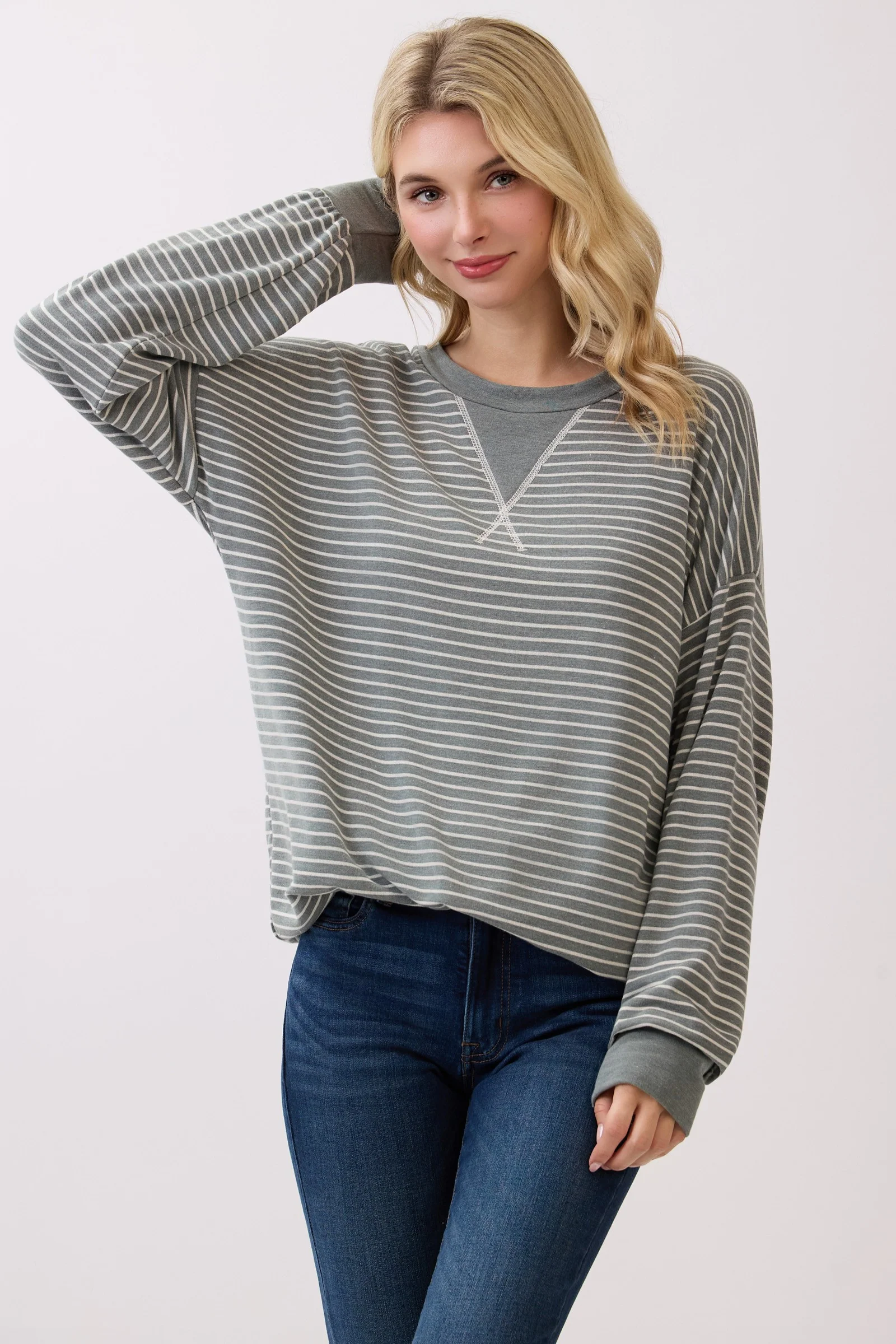 Olive Striped Crew Neck Pullover Maternity Top - Image 5