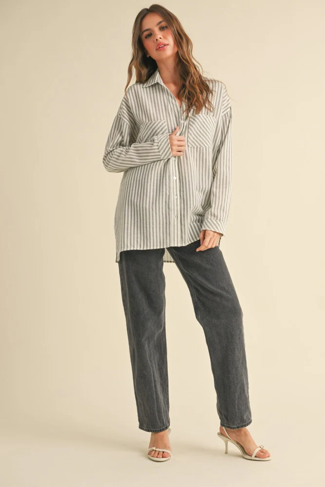 Olive Striped Double Pocket Button Down Top - Image 4