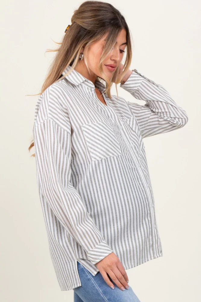 Olive Striped Double Pocket Maternity Button Down Top - Image 3