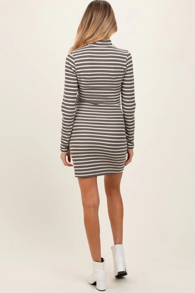 Olive Striped Mock Neck Long Sleeve Maternity Fitted Dress - Image 5