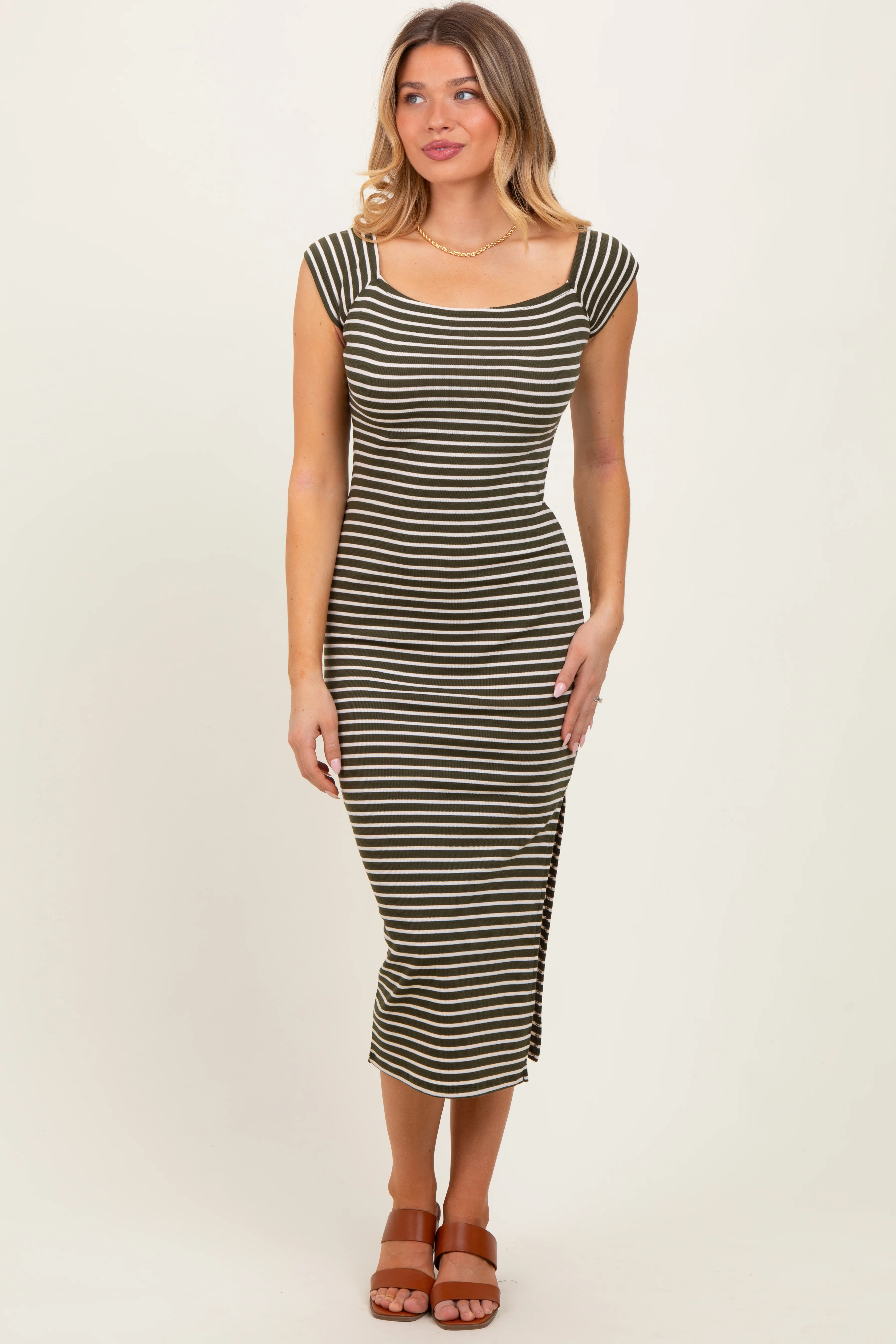 Olive Striped Off Shoulder Side Slit Maternity Midi Dress - Image 4