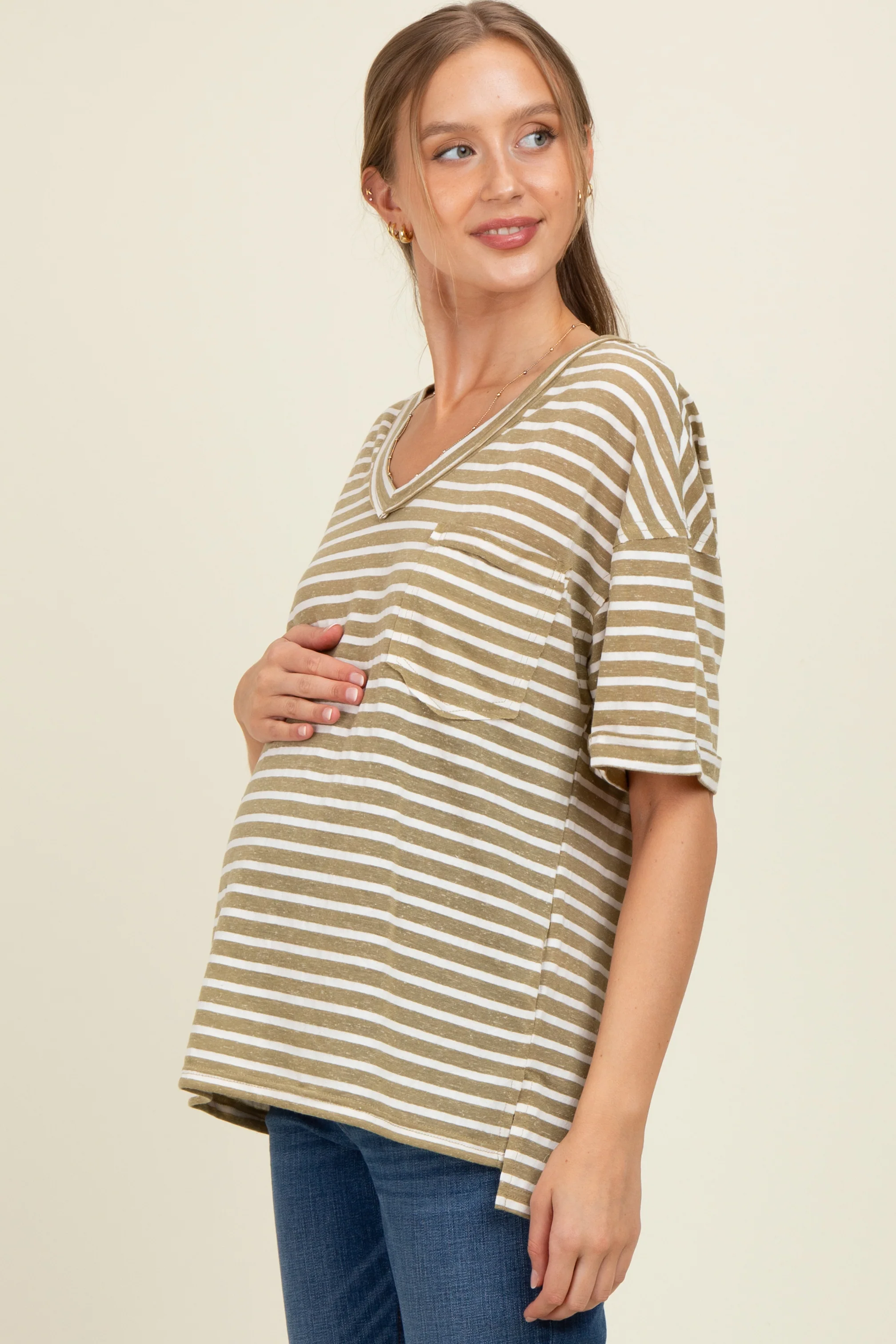 Olive Striped Oversized V-Neck Front Pocket Maternity T-Shirt - Image 3