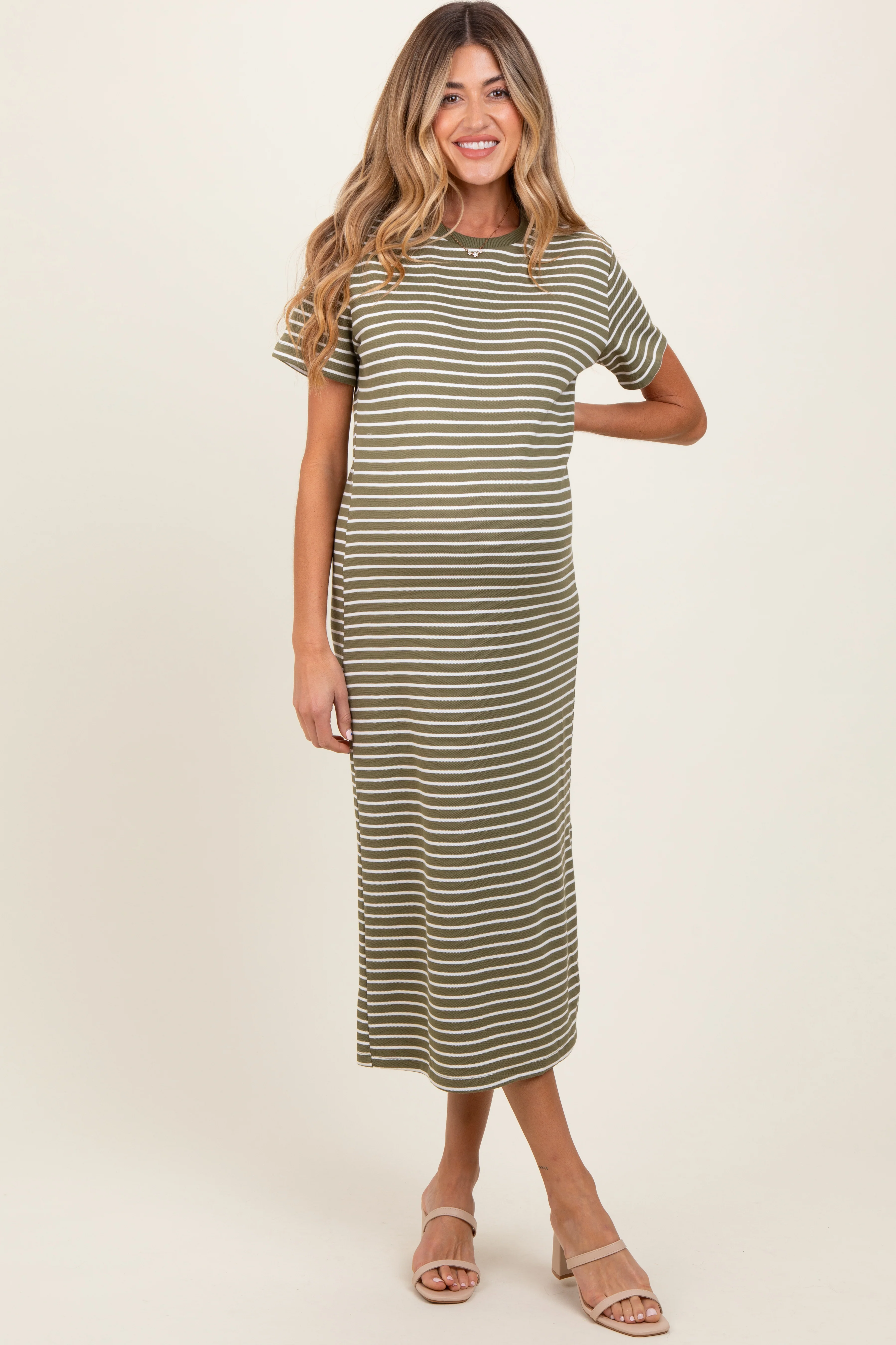 Olive Striped Short Sleeve Side Slit Maternity T-Shirt Midi Dress - Image 2