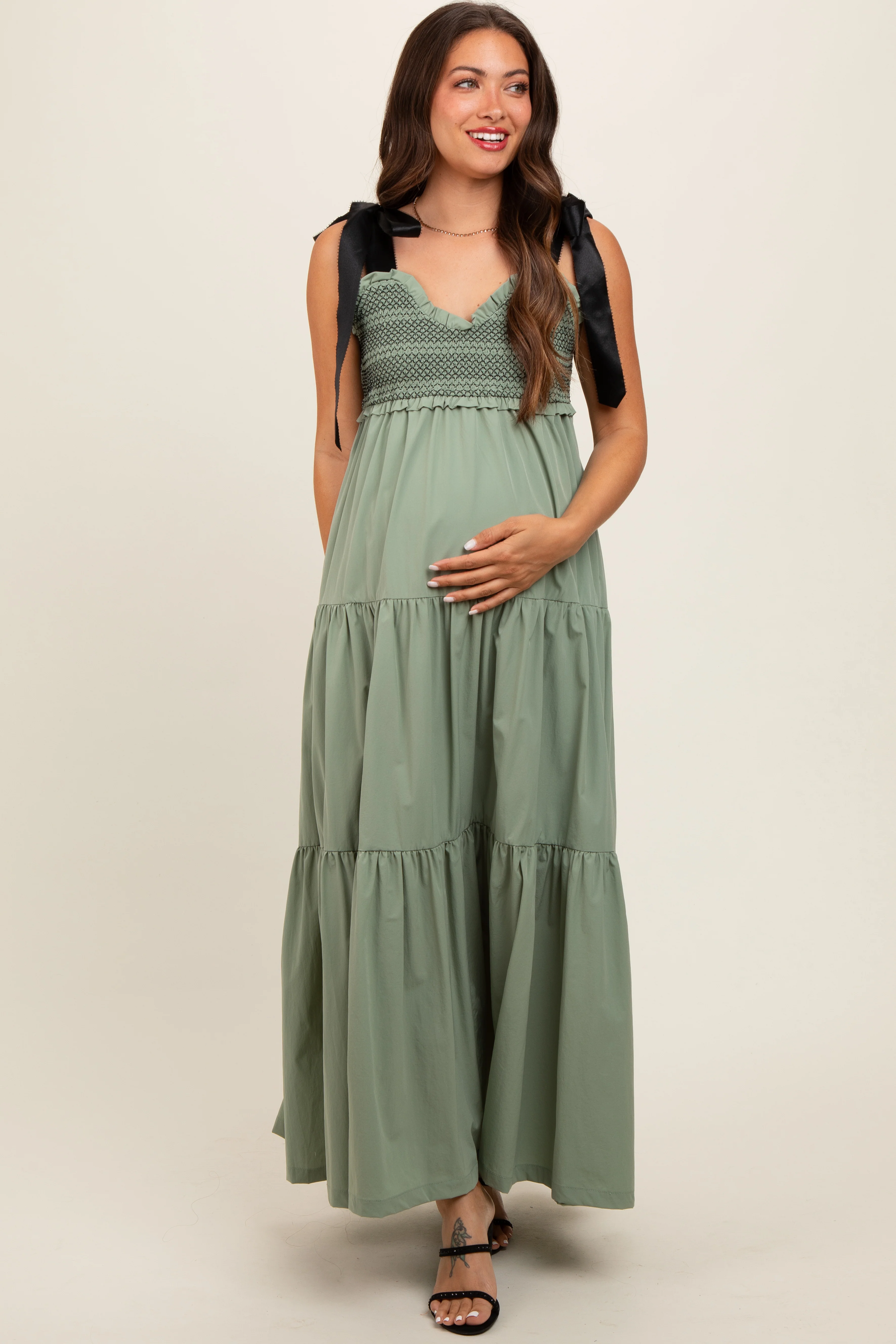 Olive Sweetheart Neck Smocked Embroidered Ribbon Shoulder Tie Maternity Midi Dress - Image 3