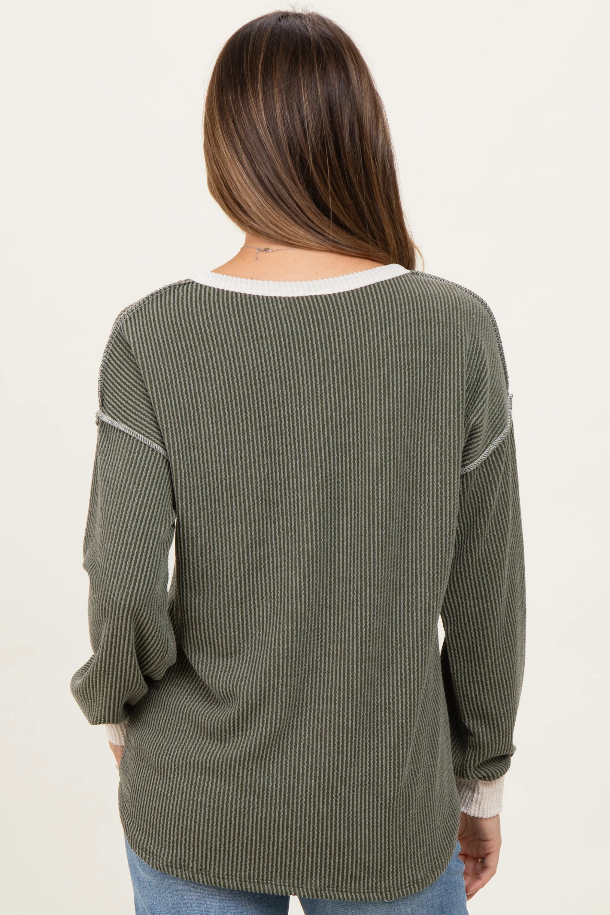Olive Textured Rib Bubble Sleeve Maternity Henley - Image 4