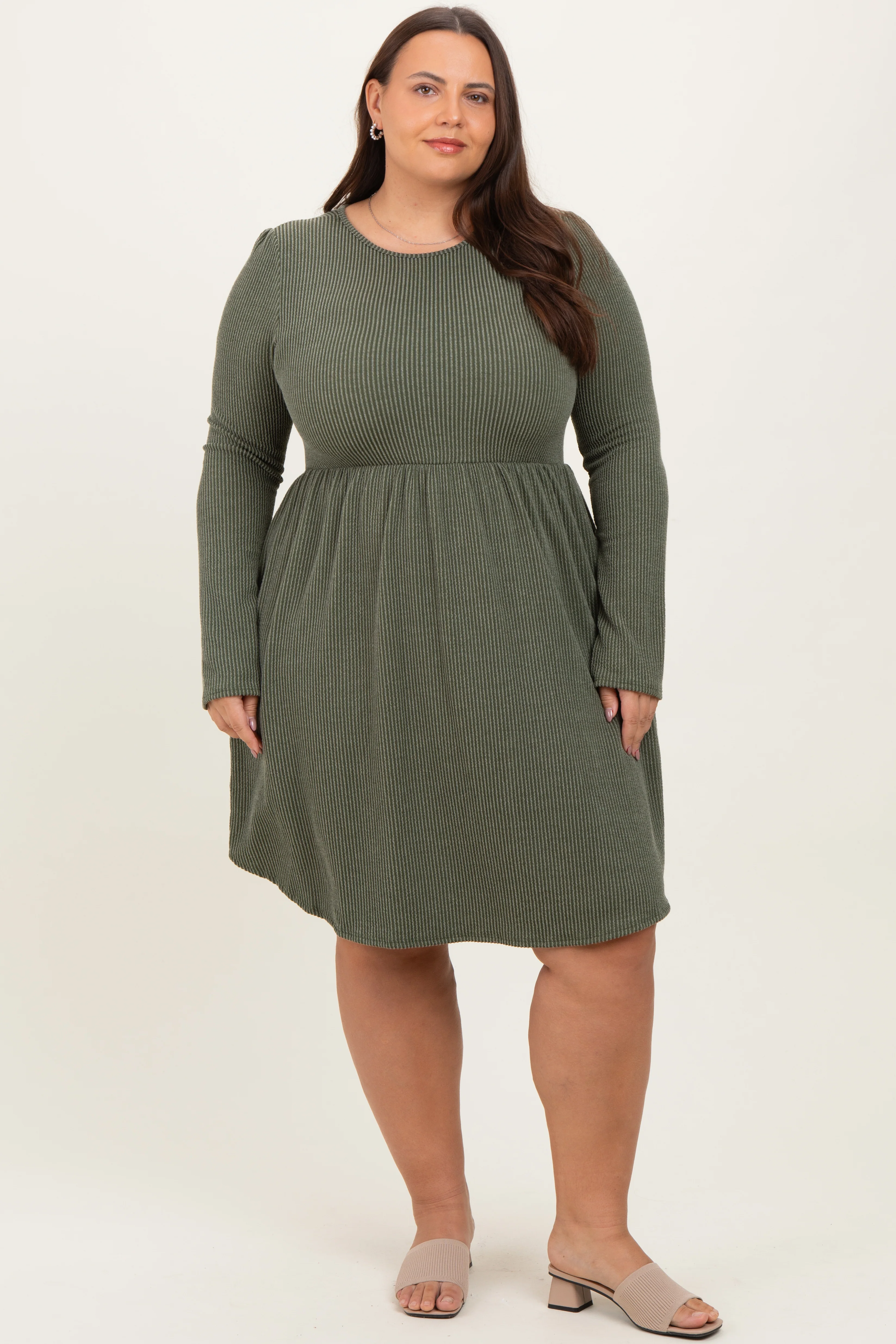 Olive Textured Rib Long Sleeve Maternity Plus Dress - Image 4