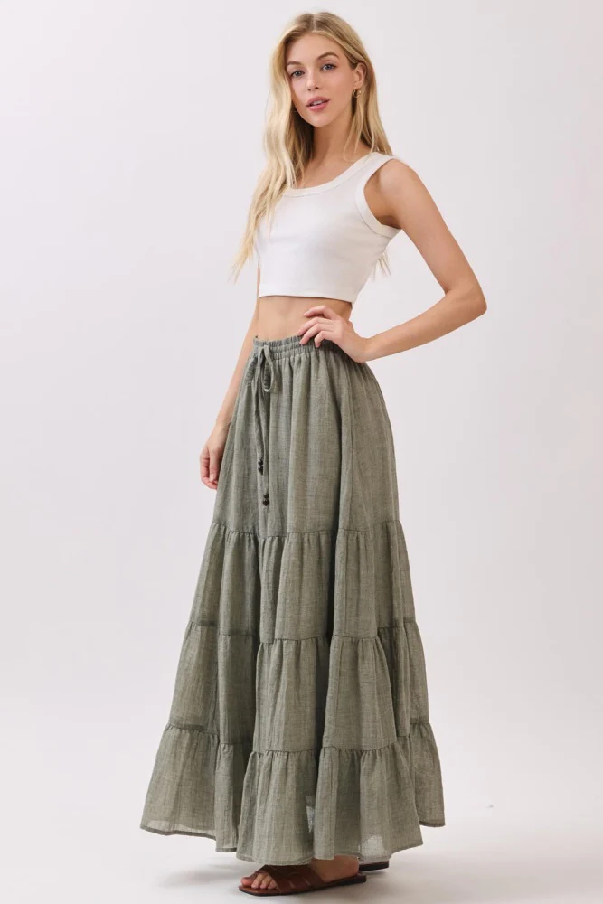Olive Tiered Drawstring Maxi Skirt - Image 3