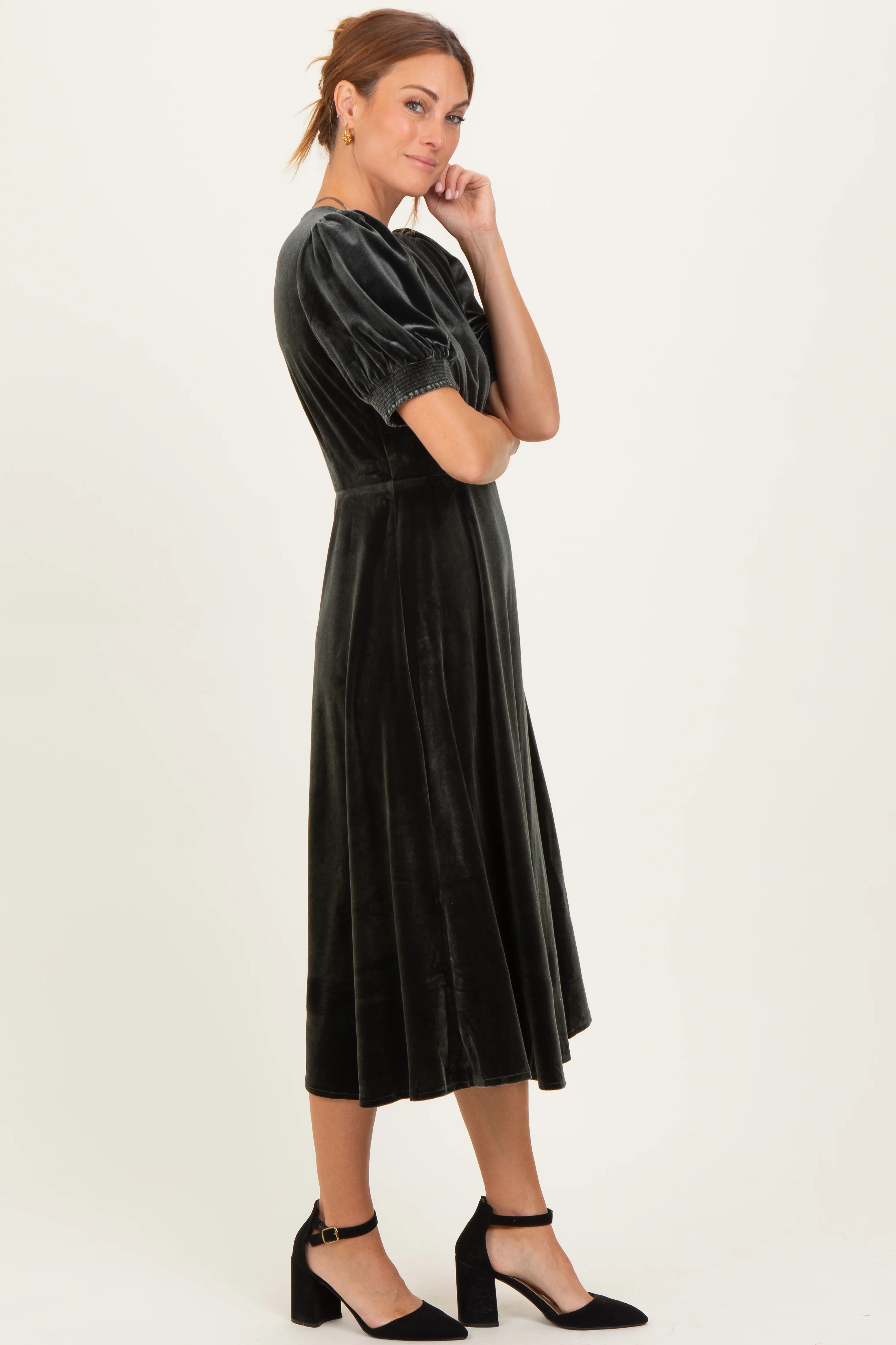 Olive Velvet Short Sleeve Midi Dress - Image 3