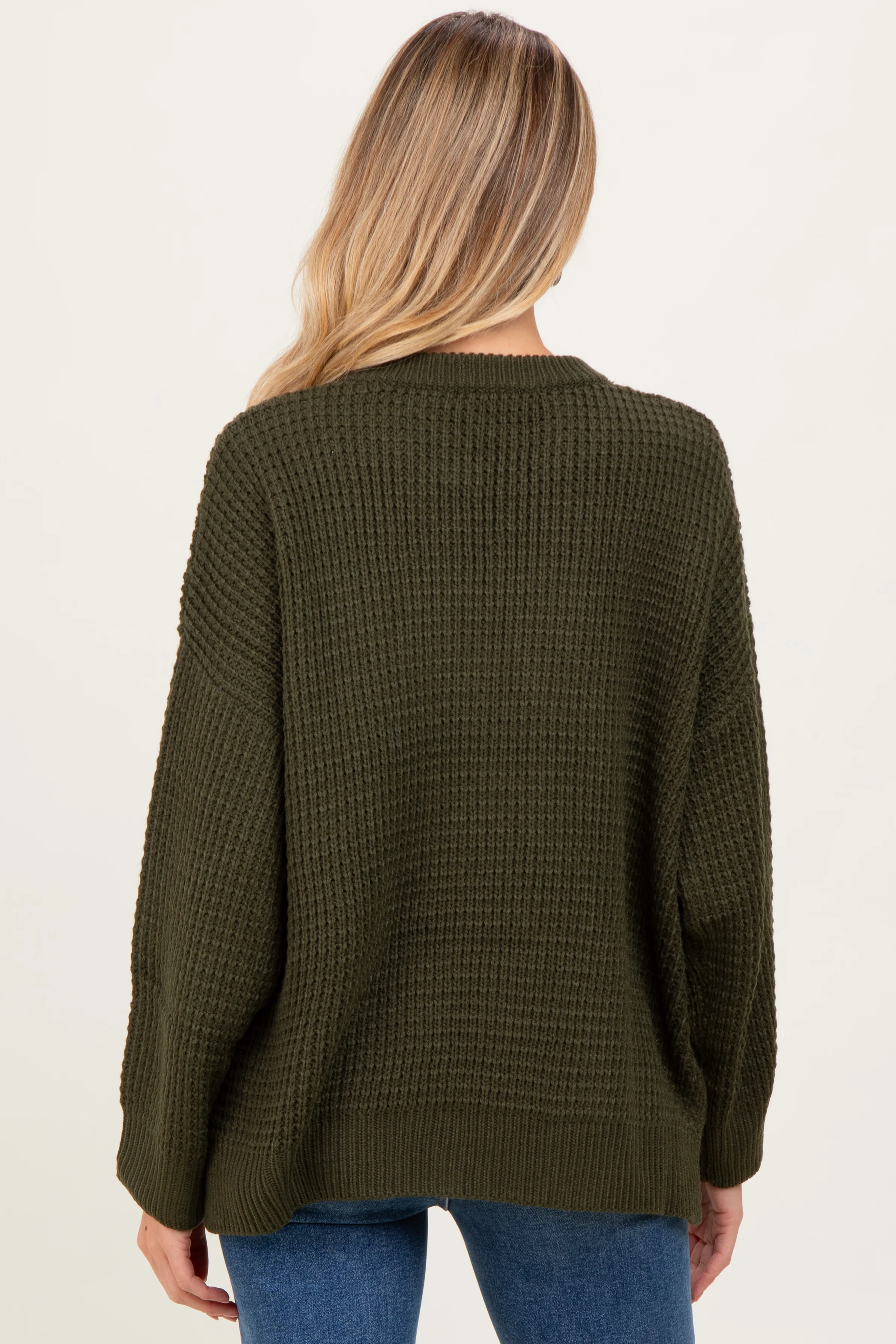 Olive Waffle Knit Side Slit Maternity Sweater - Image 3