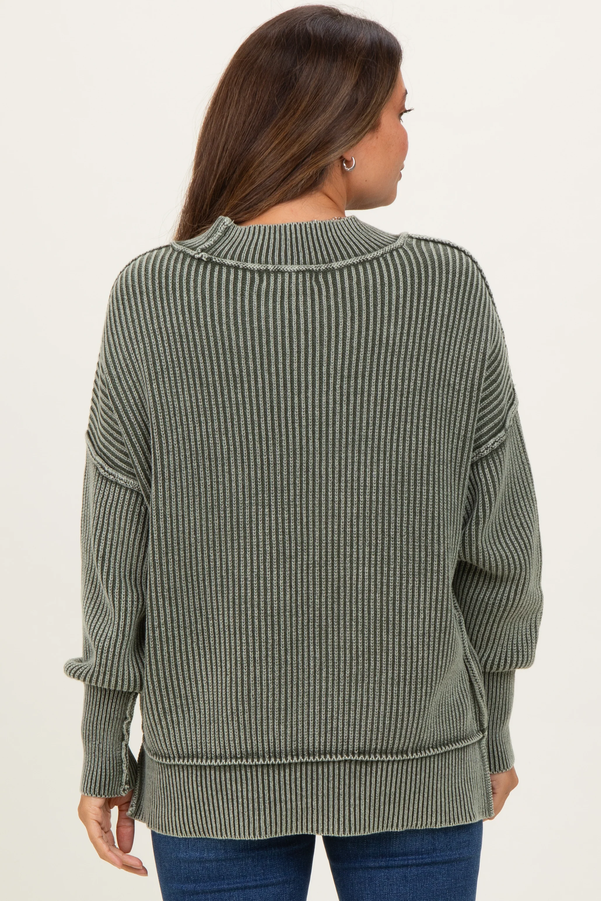 Olive Washed Side Slit Oversized Maternity Sweater - Image 3