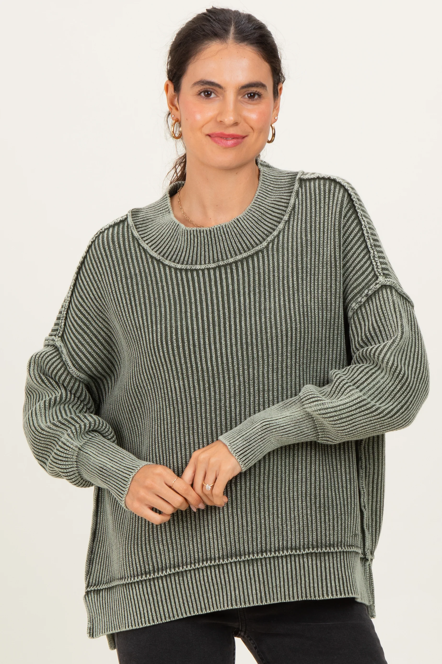 Olive Washed Side Slit Oversized Maternity Sweater - Image 4
