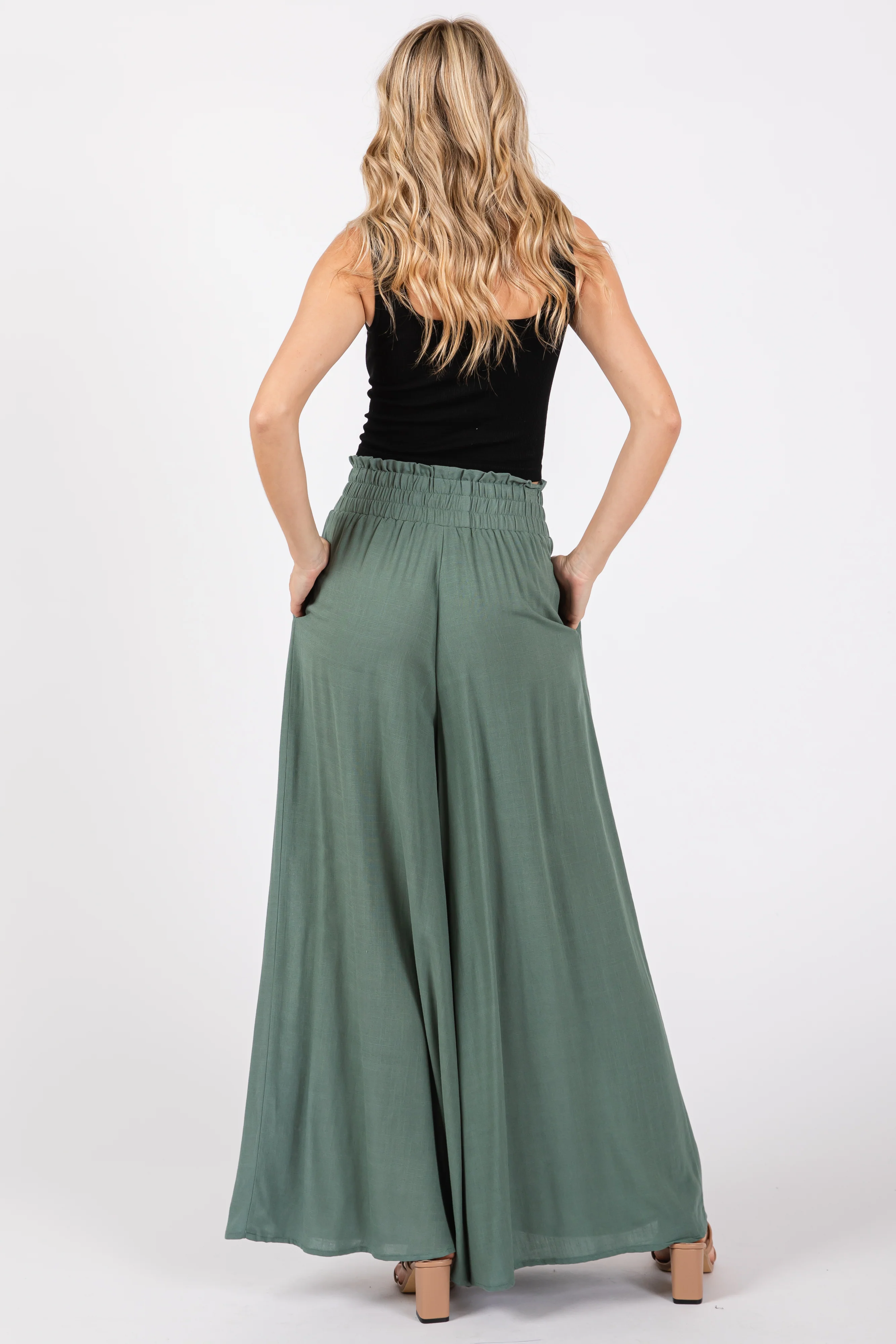 Olive Wide Leg Smocked Lightweight Pants - Image 3