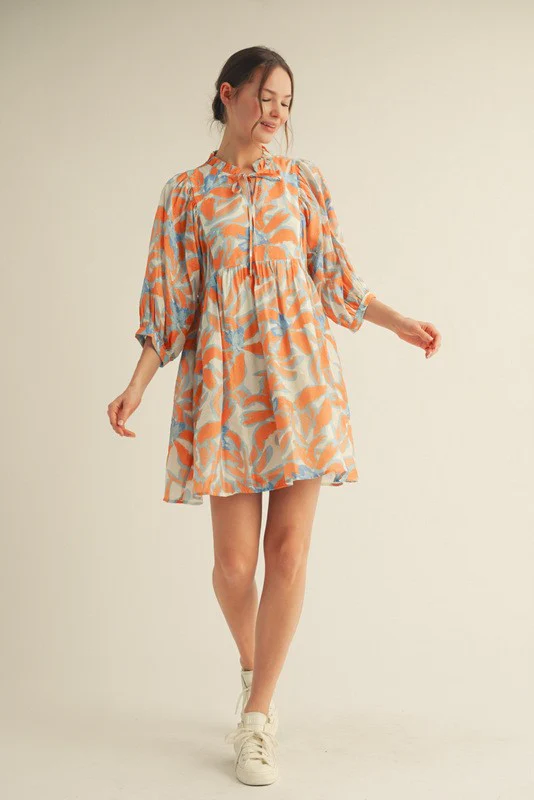 Orange Abstract Floral Front Tie 3/4 Sleeve Dress - Image 4