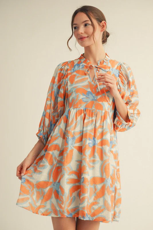 Orange Abstract Floral Front Tie 3/4 Sleeve Maternity Dress - Image 3
