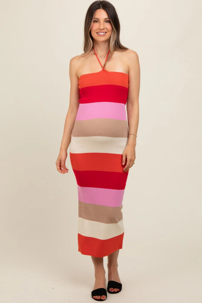 Orange Bodycon Halter Maternity Midi Dress - Image 2