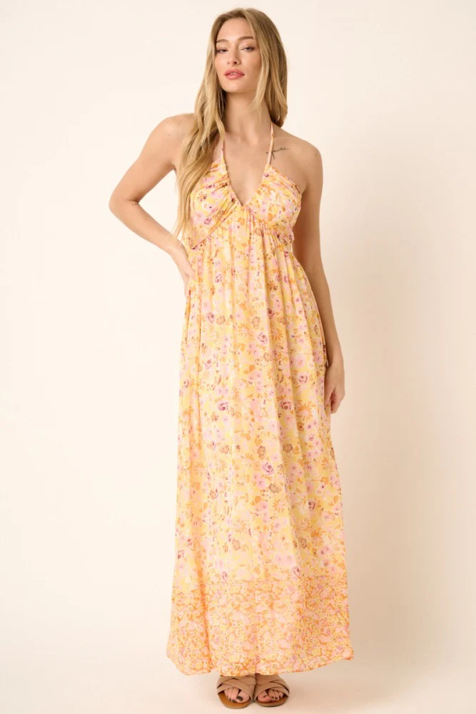 Orange Combo Flower Border Print Ruching Detail Maternity Maxi Dress - Image 5